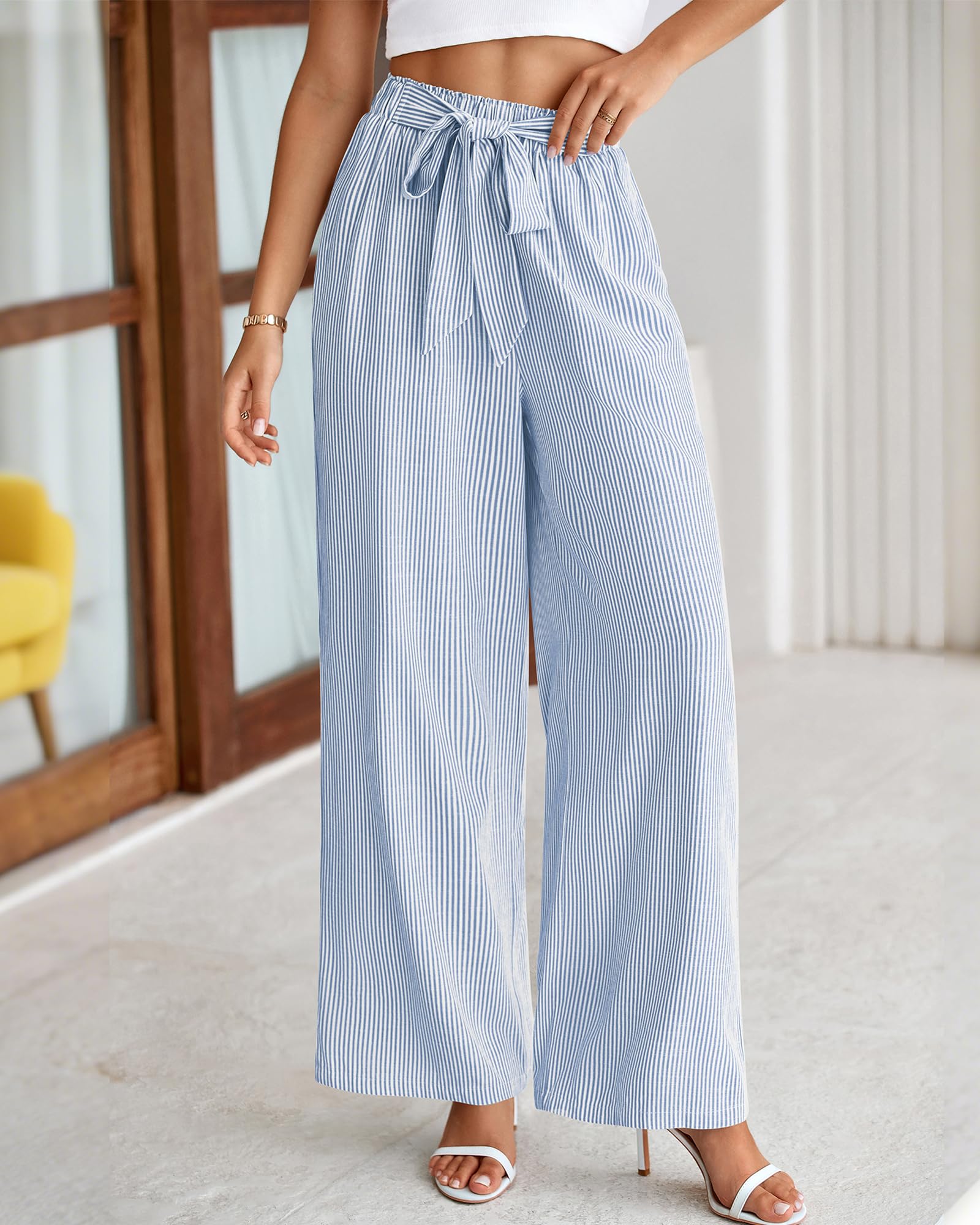 BTFBM Pants for Women Spring Clothes Striped High Waist Tie Knot Dressy Casual Wide Leg Palazzo Work Trousers Pants