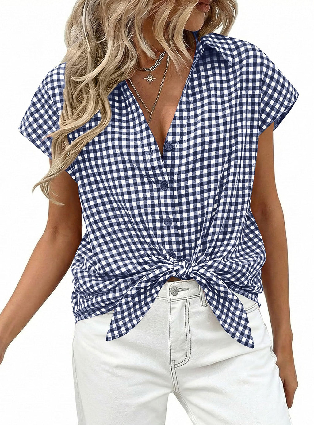 PRETTYGARDEN Womens Short Sleeve Shirts Plaid Button Down Blouse Dressy Casual Summer Spring Business Gingham Work Tops