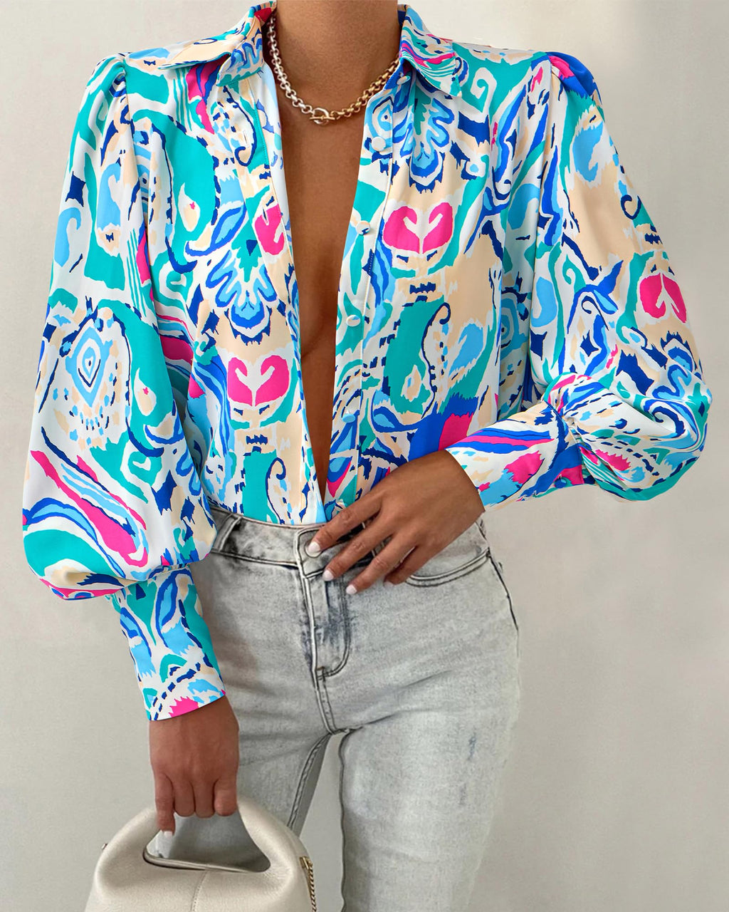 BTFBM Women Fashion Button Down Shirts V Neck Boho Printed Long Sleeve Blouses Dressy Casual Spring Fall Tops