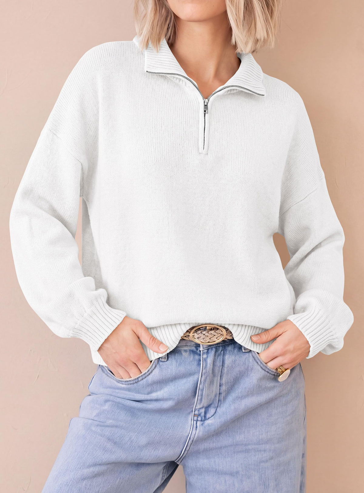 PRETTYGARDEN Women's Quarter Zip Pullover Oversized Sweaters Collared Neck, Long Balloon Sleeve, Jumper Tops, Soft Cozy Knit, Ribbed Hem, Loose Fit, Fall Outfits, Winter Fashion Clothing