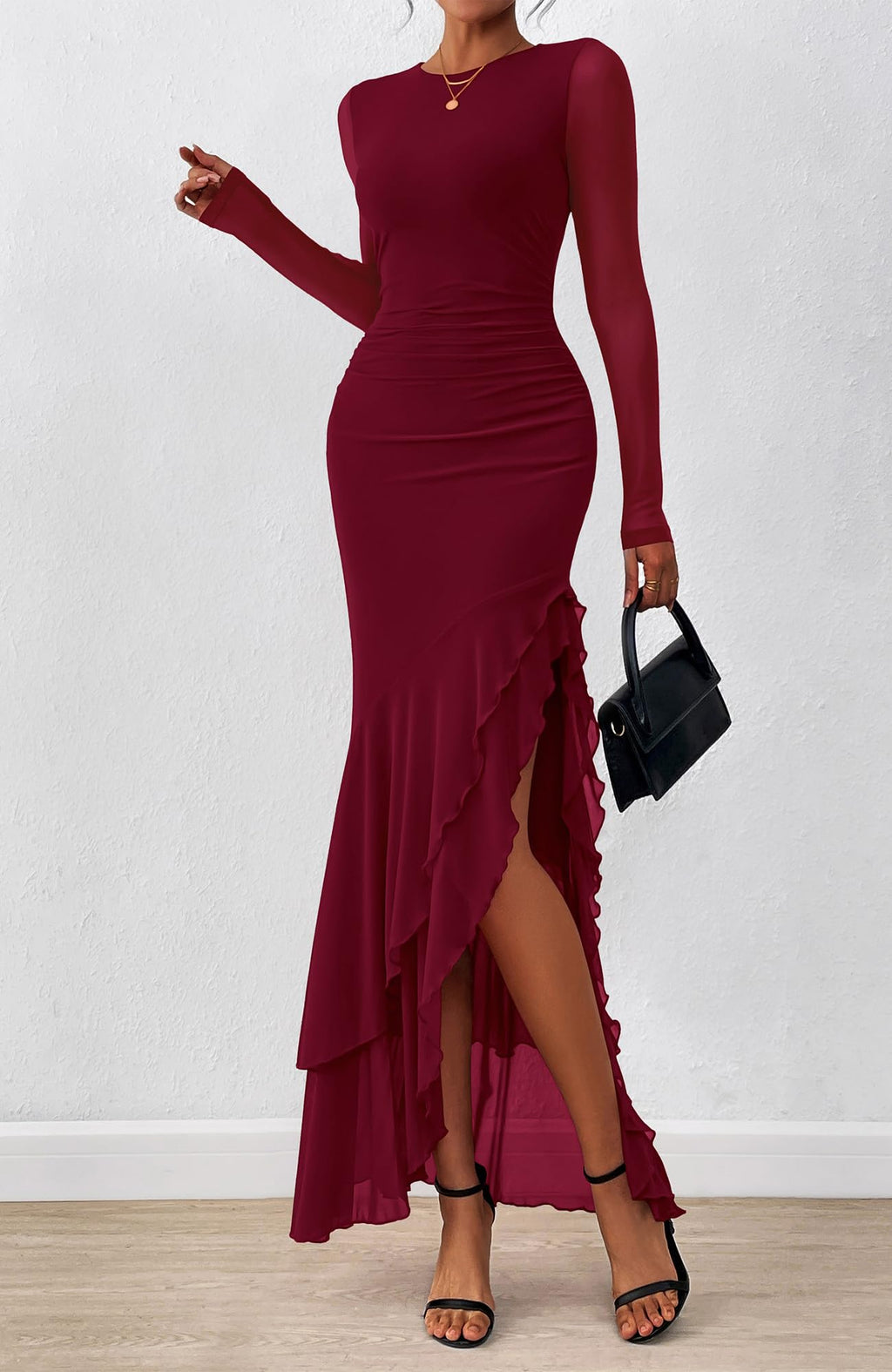 BTFBM Women's Maxi Dresses Fall Long Sleeve Wedding Guest Dress Mesh,Ruched,Bodycon,High Split,Solid Color,Ruffle, Mermaid,Cocktail Dresses,Prom,Party,Homecoming Dress,Fall Outfits