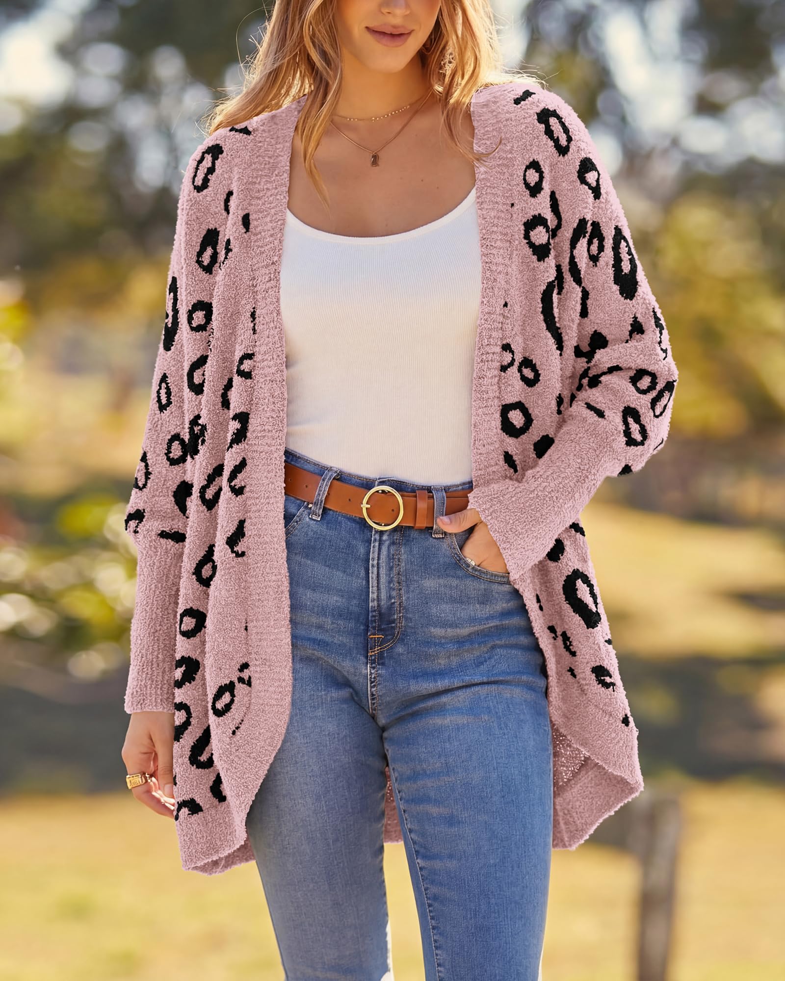 BTFBM Leopard Cardigan for Women Long Sleeve Open Front Cardigans Sweaters Pockets Loose Knit Fall Spring Outwear