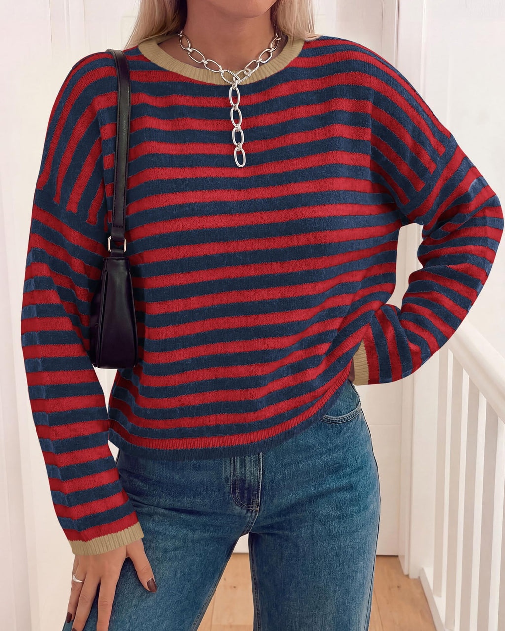 BTFBM Women's Lightweight Oversized Striped Sweater | Soft Knit Cozy Sweaters, Crew Neck Long Sleeve Pullover, y2k Color Block, Casual Holiday Outfits, Winter Fall Clothes