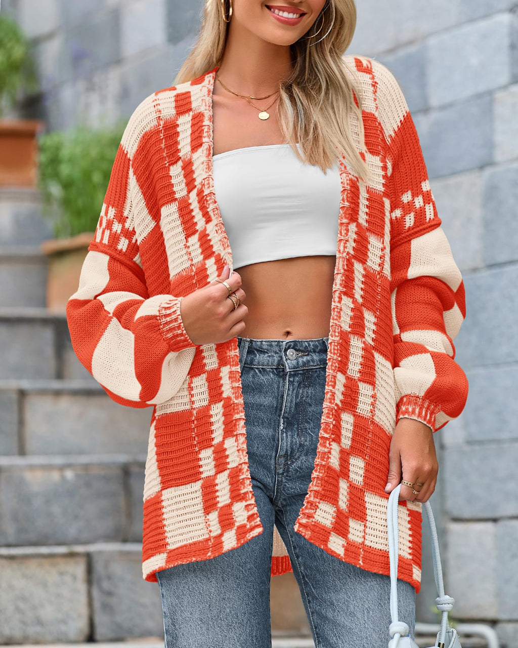 FreshPretty Casual Cardigan Sweater for Women Fall Long Sleeve Open Front Chunky Knit Sweaters Checkered Outwear Coat