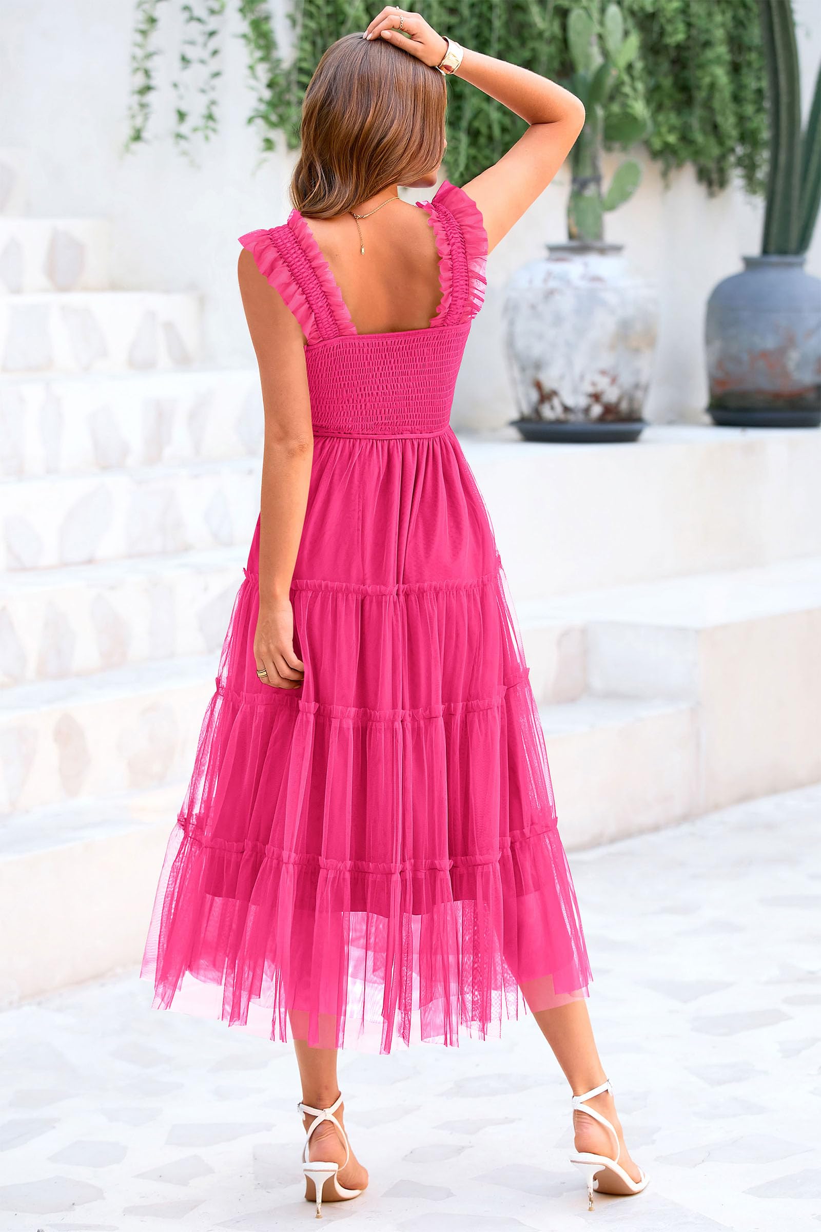 PRETTYGARDEN Women's Summer Tulle Midi Dress Sleeveless Smocked Ruffle Flowy Mesh Dresses Party Wedding Guest Sundress