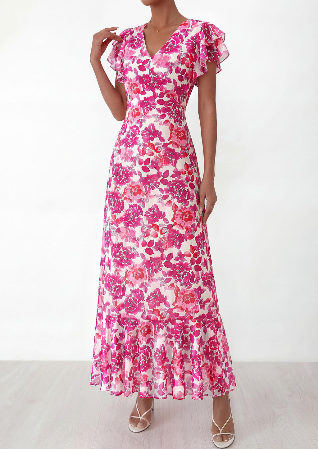 PRETTYGARDEN Womens Summer Floral Maxi Dresses Spring Short Sleeve Ruffle V Neck Flowy Boho Long Beach Vacation Sundress