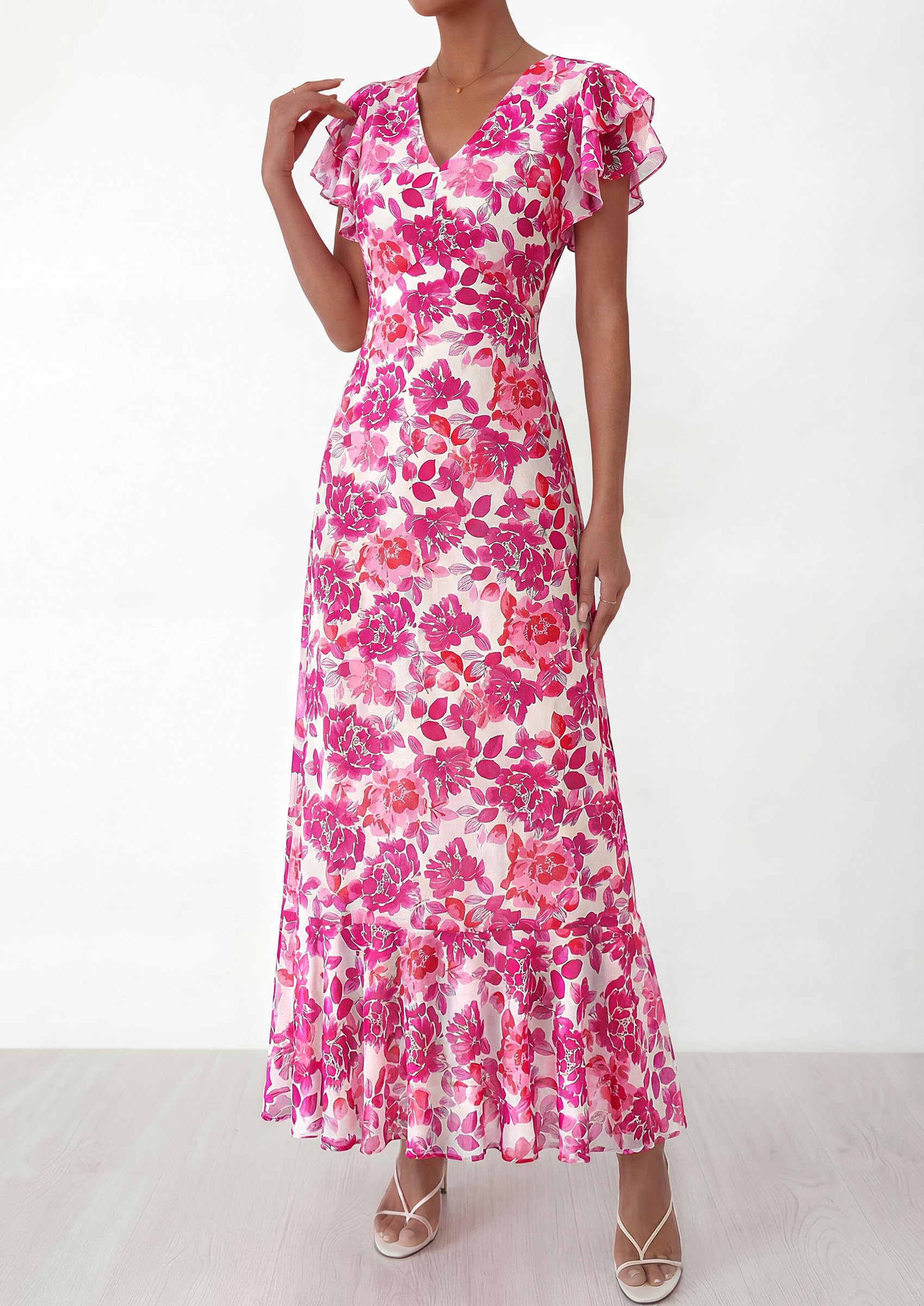 PRETTYGARDEN Womens Summer Floral Maxi Dresses Spring Short Sleeve Ruffle V Neck Flowy Boho Long Beach Vacation Sundress