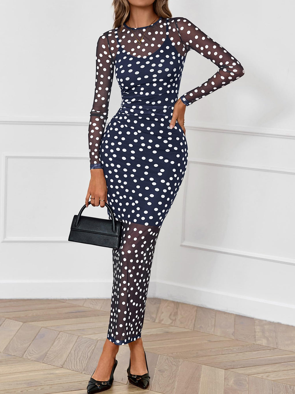 BTFBM Spring Dresses for Women 2 Piece Set Long Sleeve Polka Dot Sexy Bodycon Mesh Dress and Slip Dress Wedding