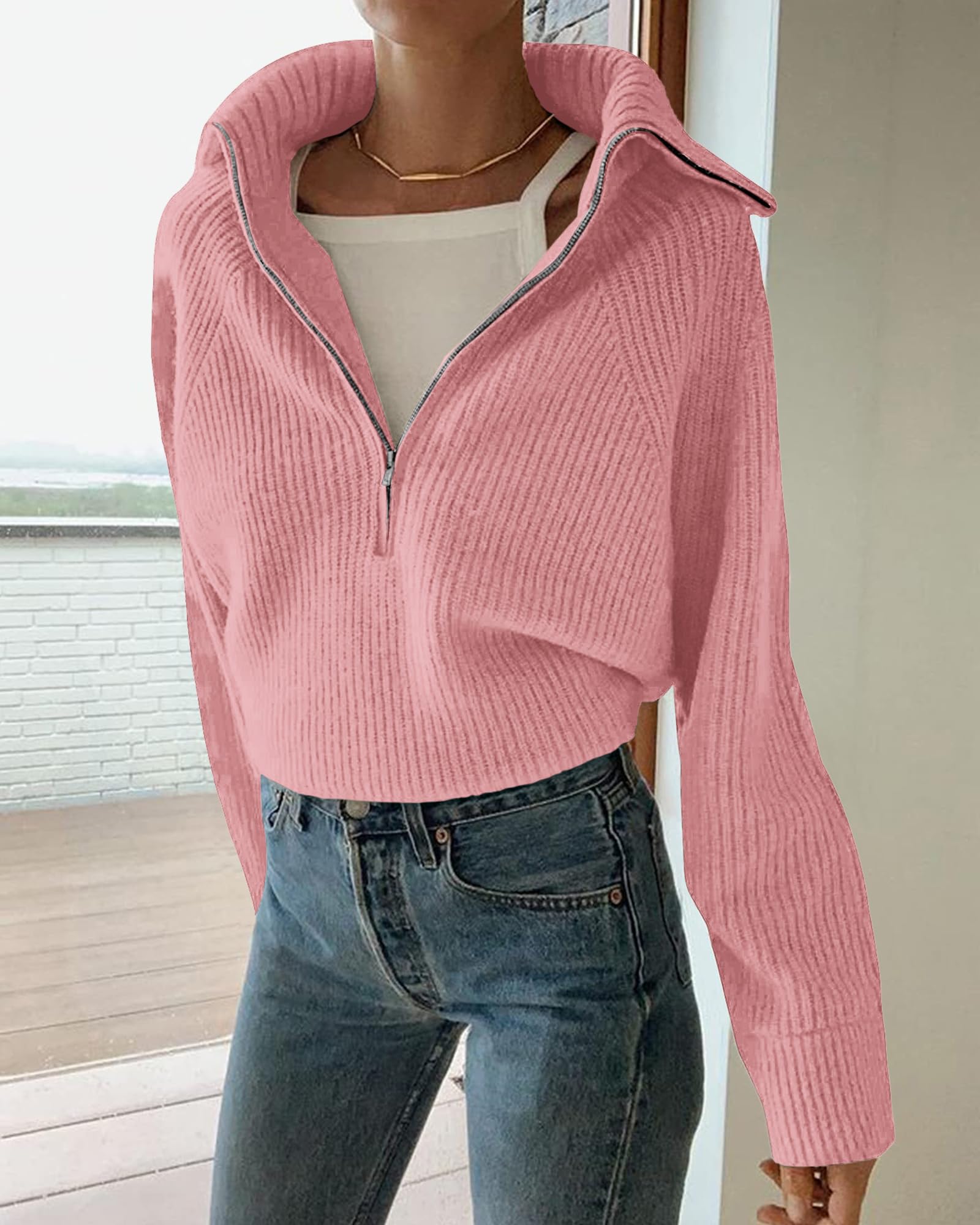 FreshPretty Womens Sweaters Quarter Zip Pullover V Neck Collar Long Sleeve Ribbed Knit Loose Casual Winter Fall Sweater