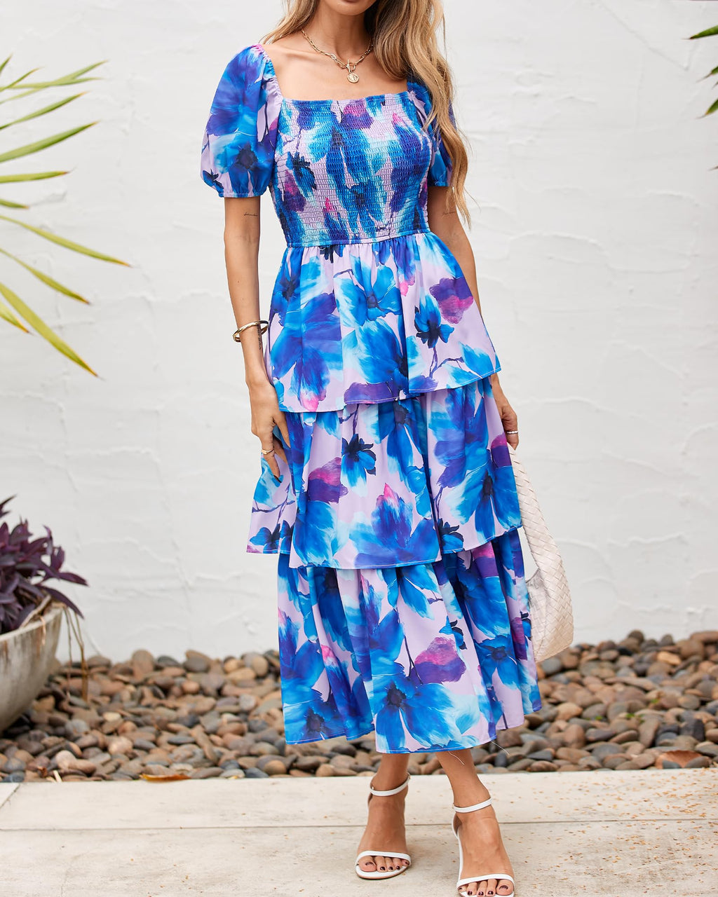 BTFBM Womens Square Neck Smocked Dress Summer Puff Short Sleeve Floral Casual Ruffle Tiered Maxi Wedding Guest Dresses