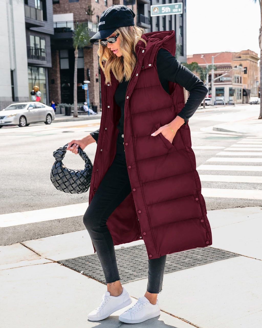 BTFBM Long Puffer Vest Women Quilted Hooded Button Down Zip Up Sleeveless Vests Outerwear Padded Jacket Fall Winter Coat