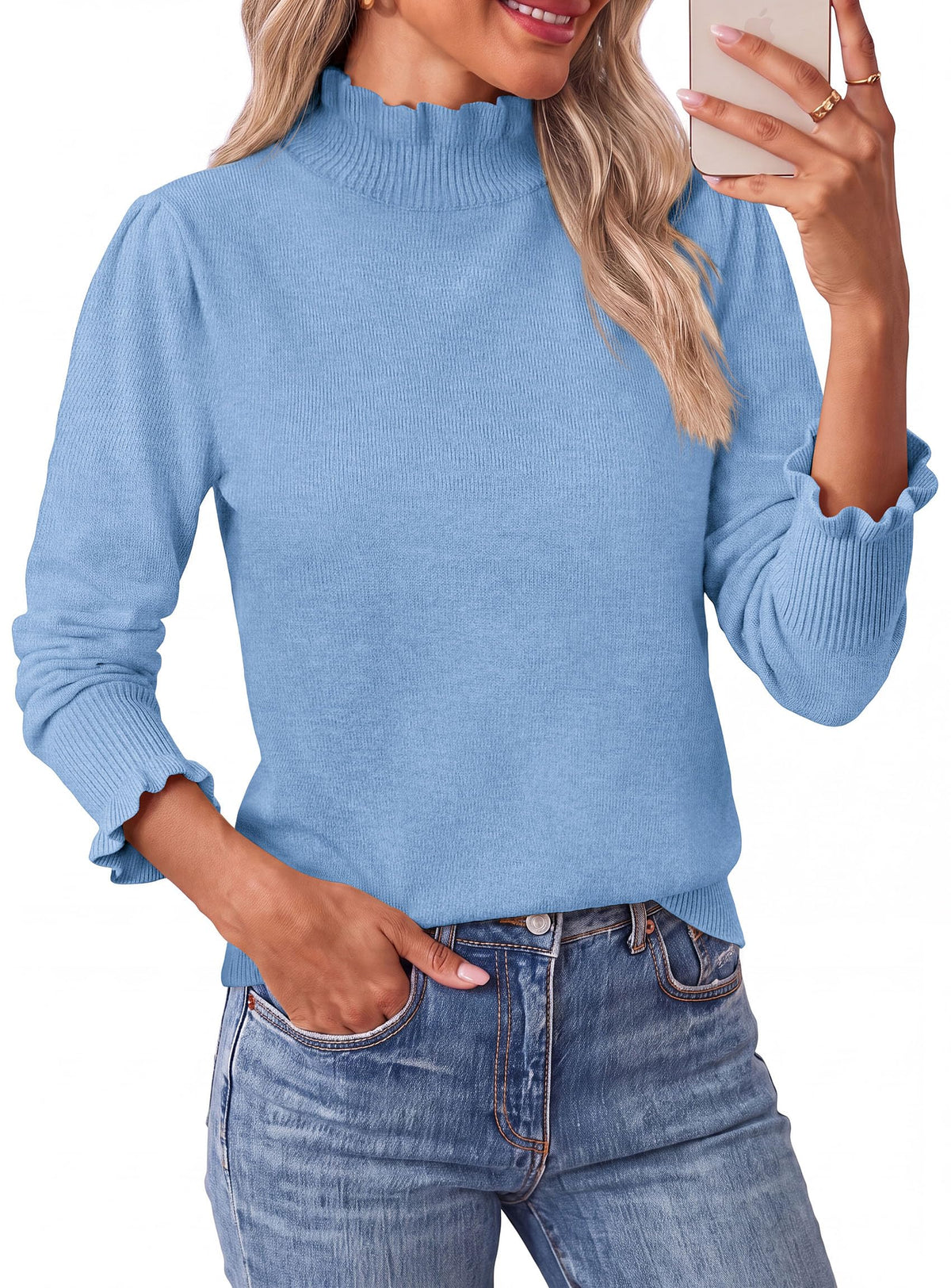 PRETTYGARDEN Women's Fall Cozy Sweaters Trendy Ruffle Mock Neck Pullover Soft Stretchy Warm, Ribbed Knit, Cute Tops, Puff Long Sleeve Blouses, Dressy Casual Shirts,Winter Clothing