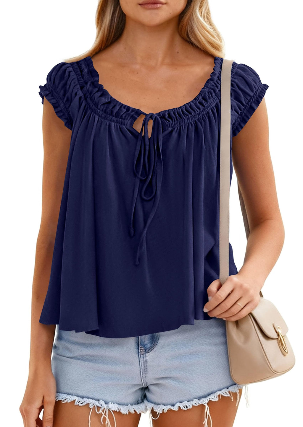 PRETTYGARDEN Women Babydoll Tops Summer Clothes Cap Sleeve Tie Front Flowy Tank Top Peplum Blouses Cute Going Out Shirts
