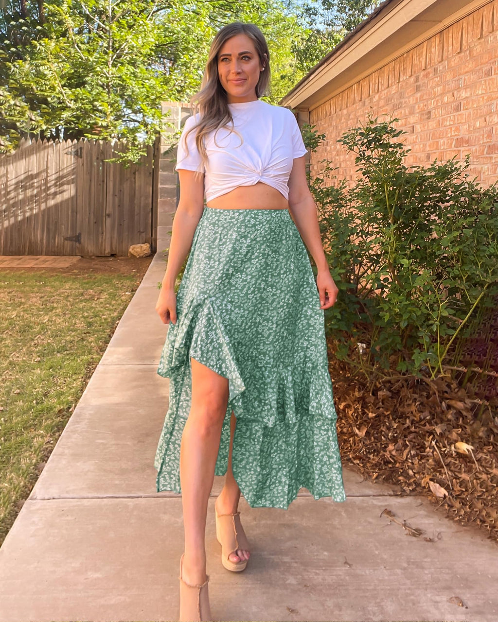 BTFBM Women Spring Summer Long Skirts Dress Boho Floral Elastic Waist Split Ruffle High Low Beach Maxi Skirt Clothes