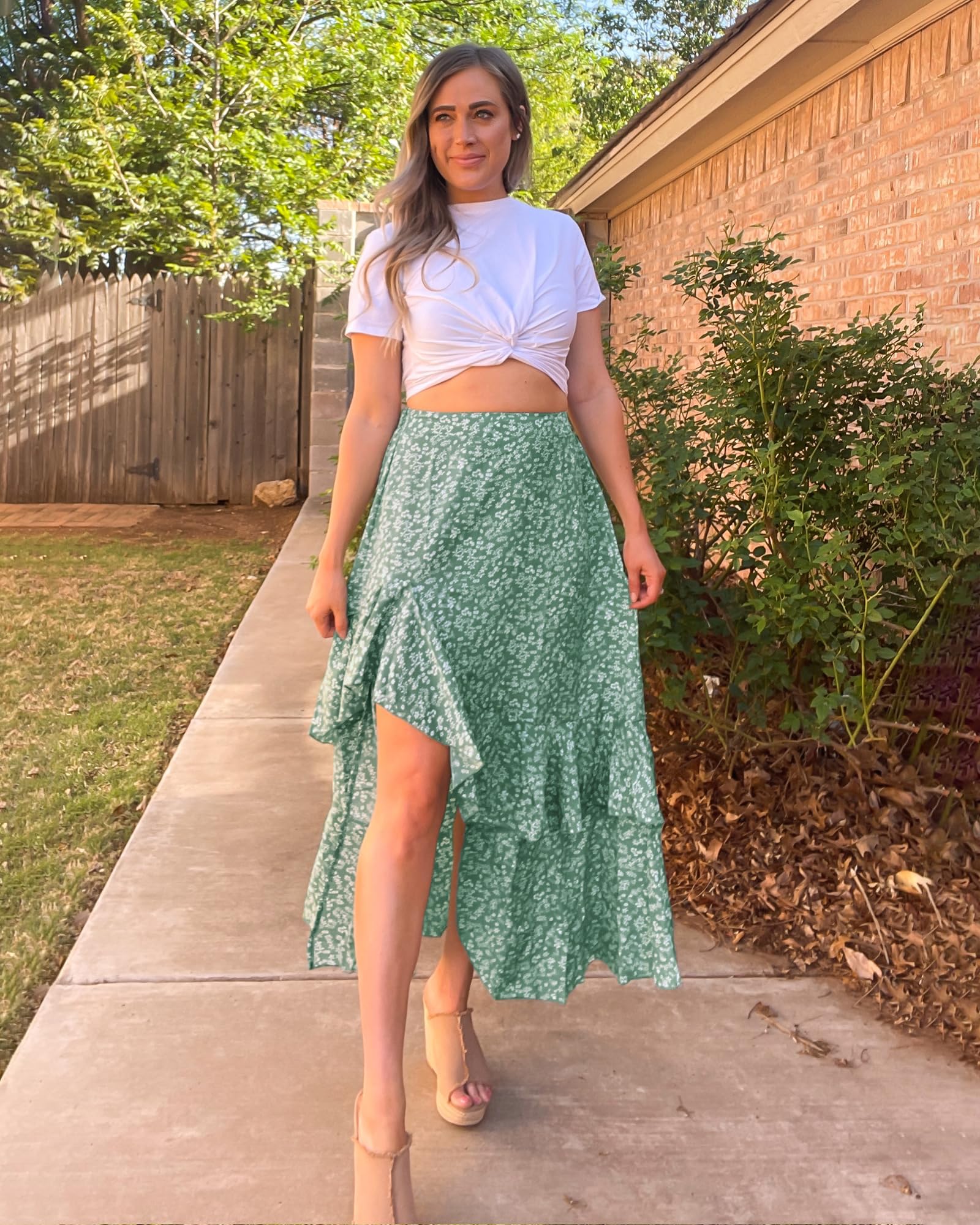 BTFBM Women Spring Summer Long Skirts Dress Boho Floral Elastic Waist Split Ruffle High Low Beach Maxi Skirt Clothes