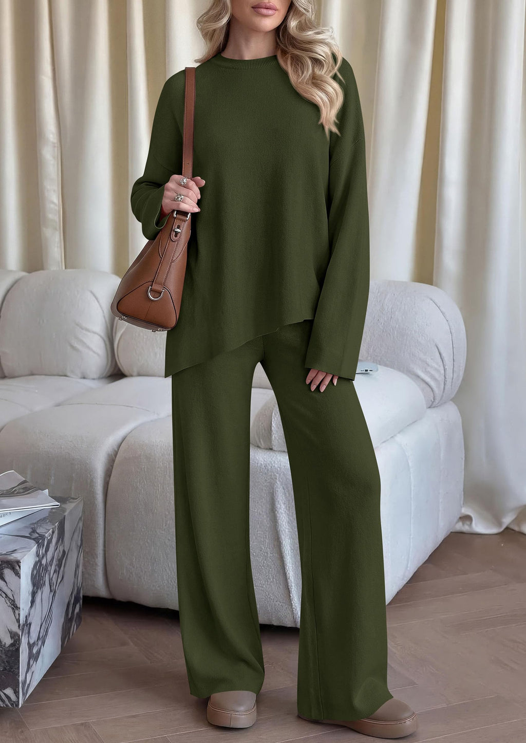 PRETTYGARDEN Womens Fall 2 Piece Asymmetric Cozy Sweater Travel Lounge Sets Crewneck Drop Shoulder Tops, Wide Leg Pants, Soft Casual Knit Matching Set,Vacation Airport Holiday Outfits