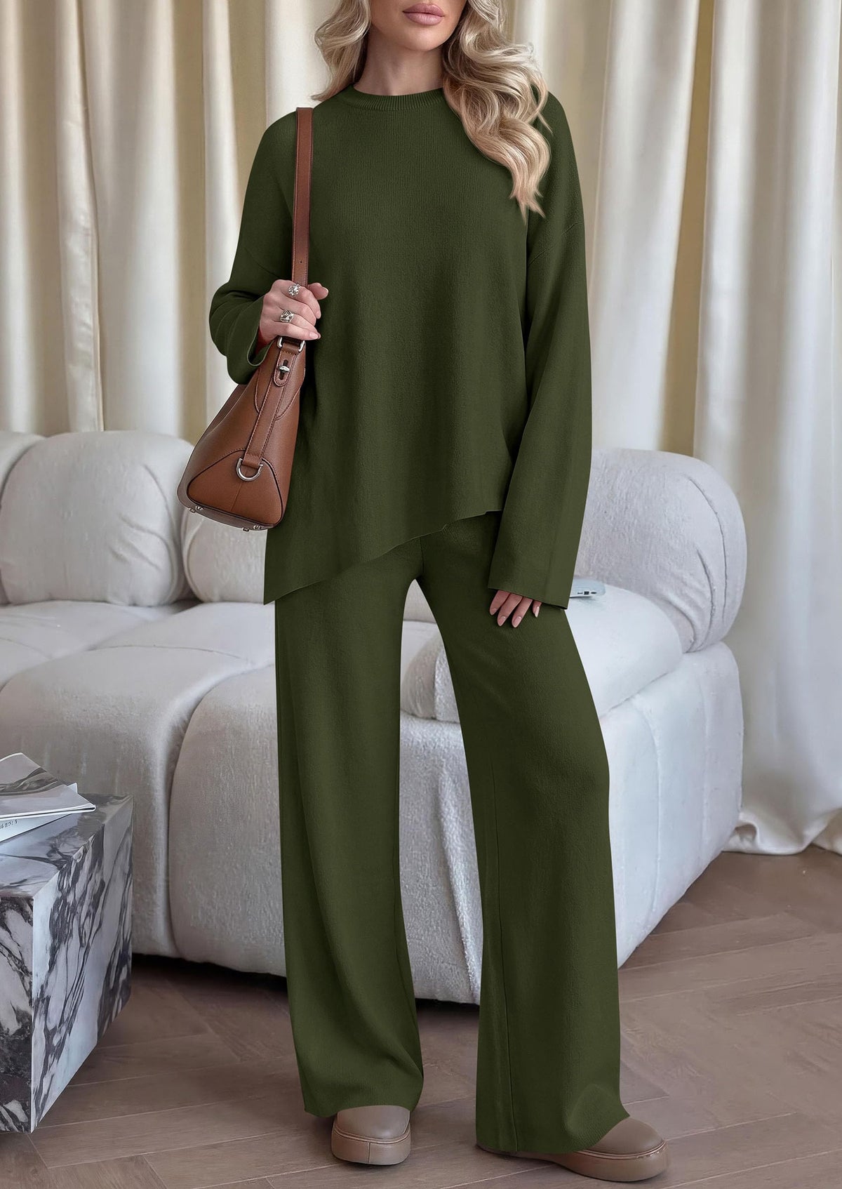 PRETTYGARDEN Womens Fall 2 Piece Asymmetric Cozy Sweater Travel Lounge Sets Crewneck Drop Shoulder Tops, Wide Leg Pants, Soft Casual Knit Matching Set,Vacation Airport Holiday Outfits