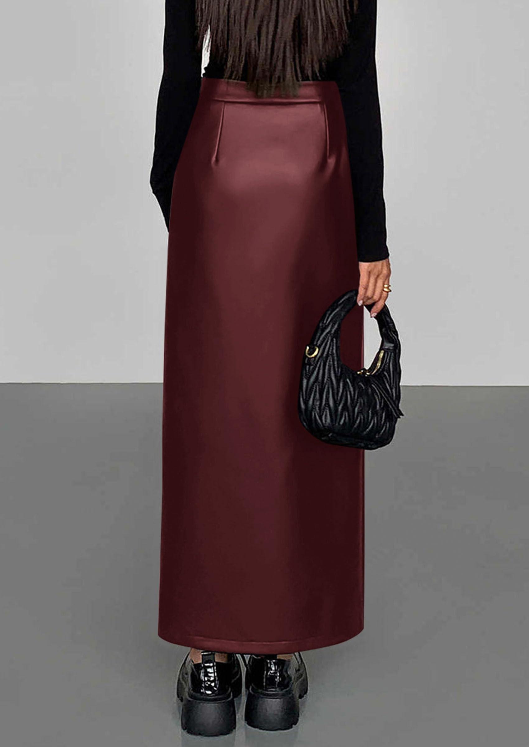 PRETTYGARDEN Womens Faux Leather Skirts Fall Fashion Bodycon High Waisted Slit Work Office Winter Maxi Long Pencil Skirt