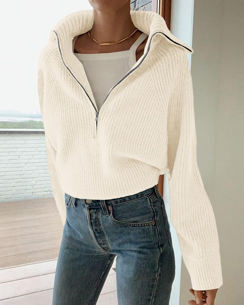 BTFBM Womens Sweaters Quarter Zip Pullover V Neck Collar Long Sleeve Ribbed Knit Loose Casual Winter Fall Sweater