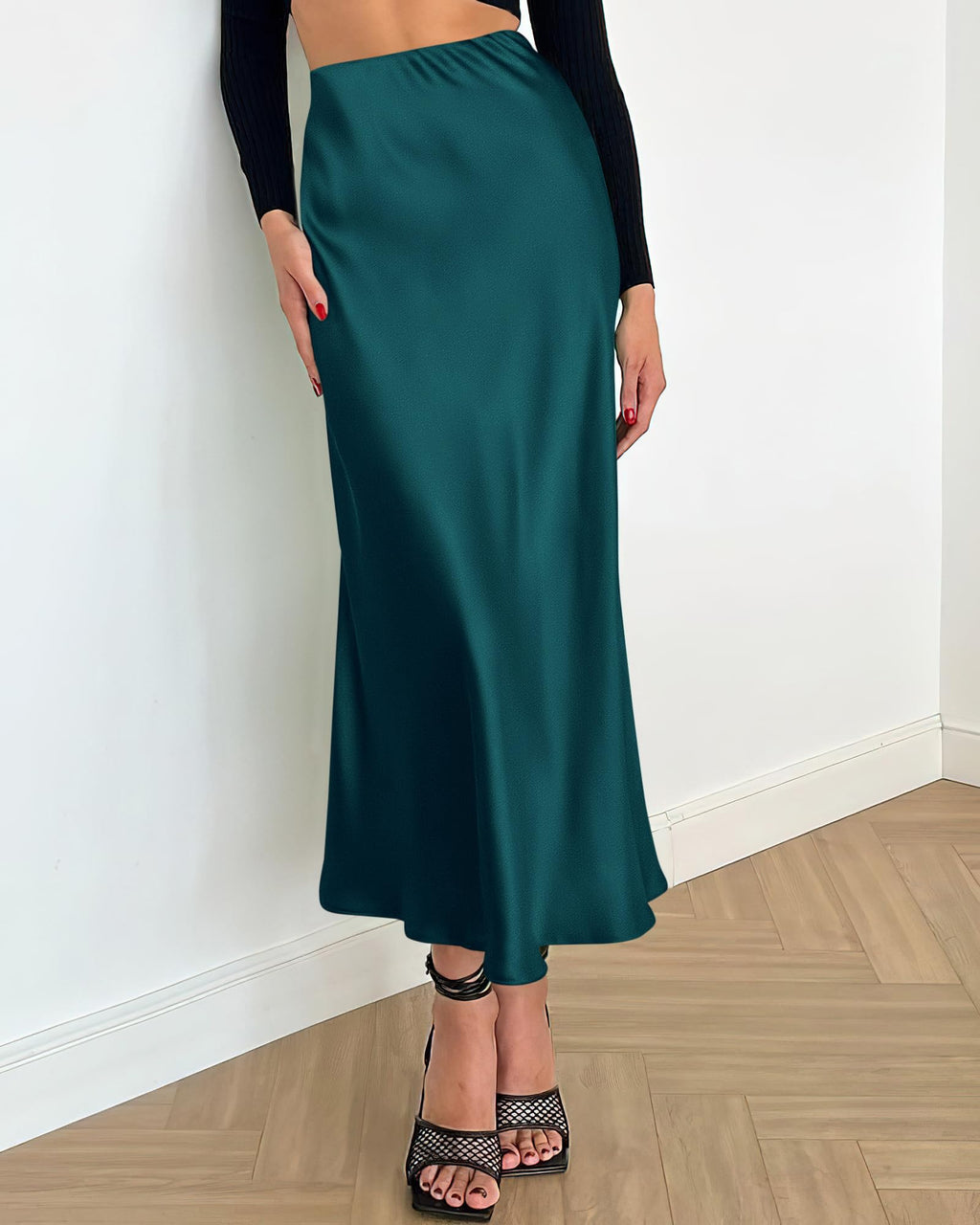 BTFBM Summer Womens Skirts Silk Elegant High Waist Flowy Long Satin A-Line Midi Skirt Cocktail Wedding Party
