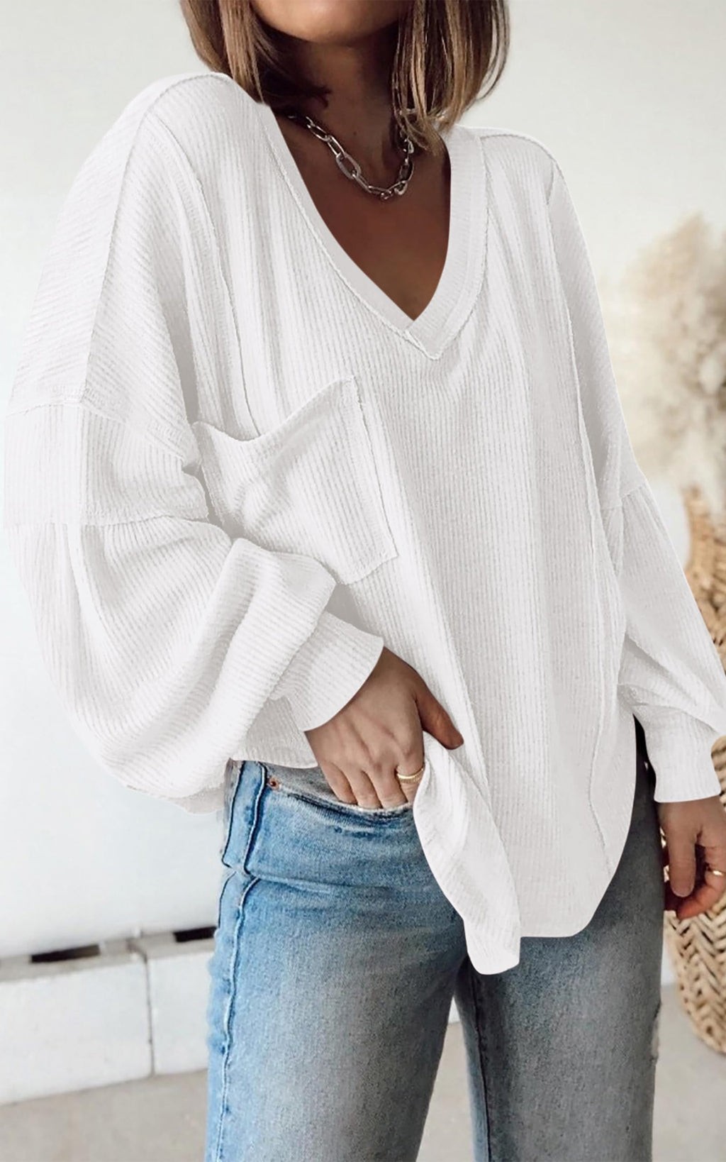 FreshPretty Womens Fall Fashion Long Sleeve Shirts Casual V Neck Ribbed Knit Blouses Pullover Trendy Loose Fit Tunic Tops