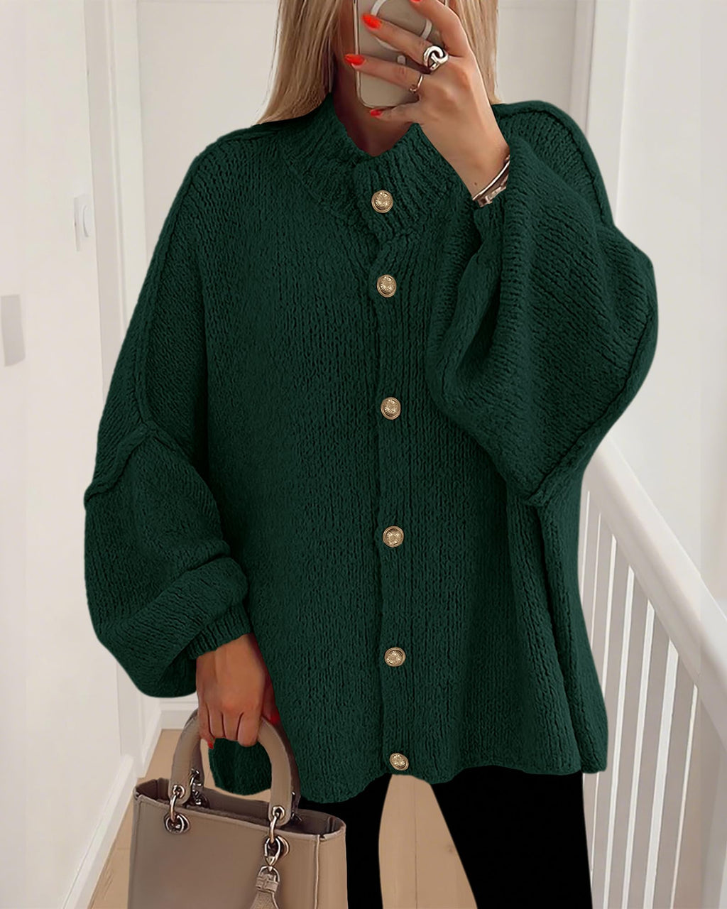 BTFBM Cardigan Sweaters for Women Fall Clothes Lantern Long Sleeve Button Open Front Chunky Knit Oversized Sweater