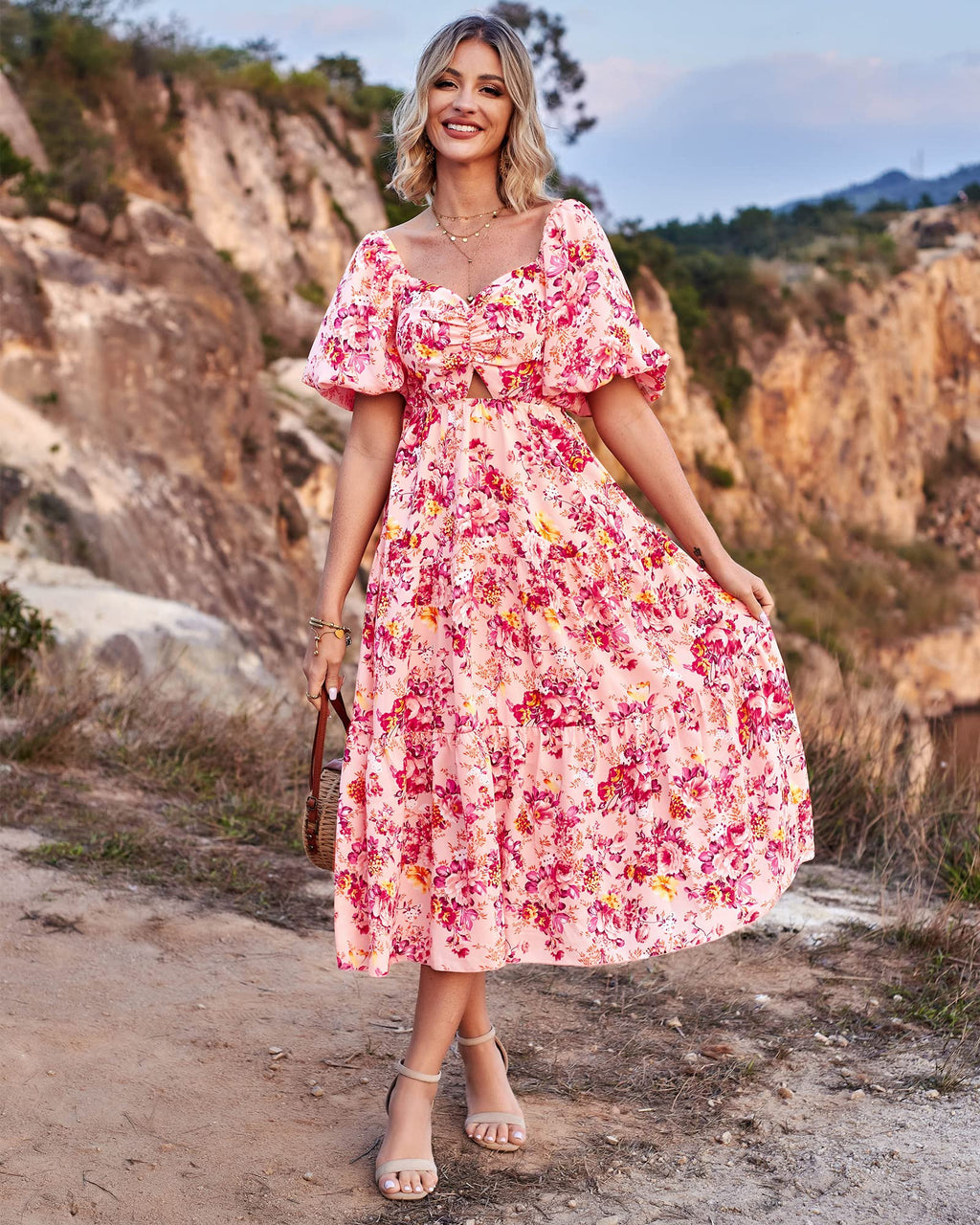 FreshPretty Women Summer Dresses Casual Flowy Beach Square Neck Puff Short Sleeve Smocked Back Boho Floral Long Maxi Dress