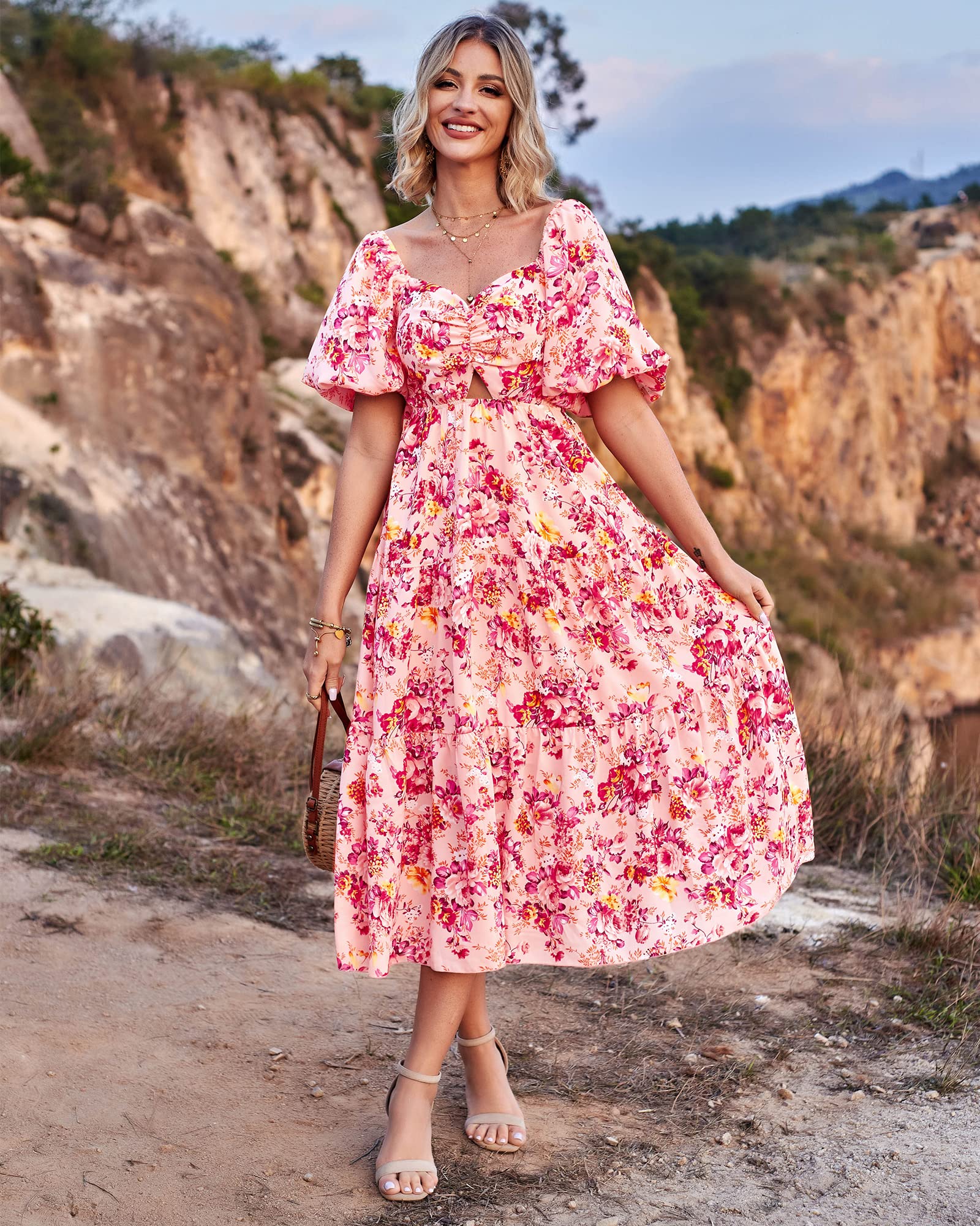 FreshPretty Women Summer Dresses Casual Flowy Beach Square Neck Puff Short Sleeve Smocked Back Boho Floral Long Maxi Dress