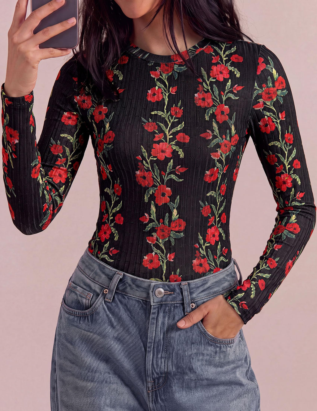 PRETTYGARDEN Womens Long Sleeve Shirts Floral Y2K Tops Soft Lightweight Ribbed Knit Top,Fitted Waist,Crew Neck Slim Fit,Going Out Vacation Outfits,Layering Fall Winter Clothes