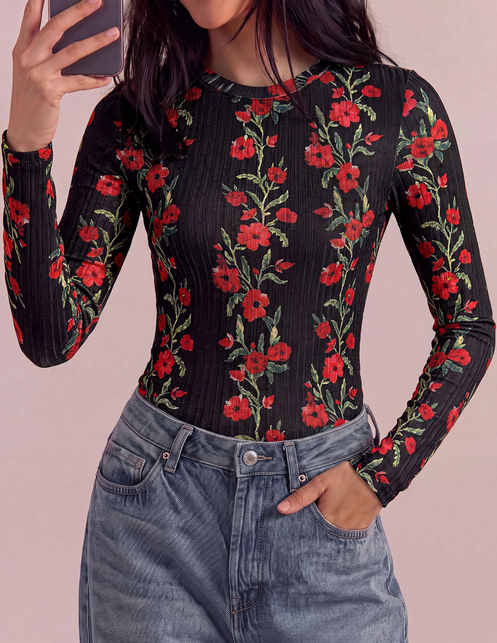 PRETTYGARDEN Womens Long Sleeve Shirts Floral Y2K Tops Soft Lightweight Ribbed Knit Top,Fitted Waist,Crew Neck Slim Fit,Going Out Vacation Outfits,Layering Fall Winter Clothes