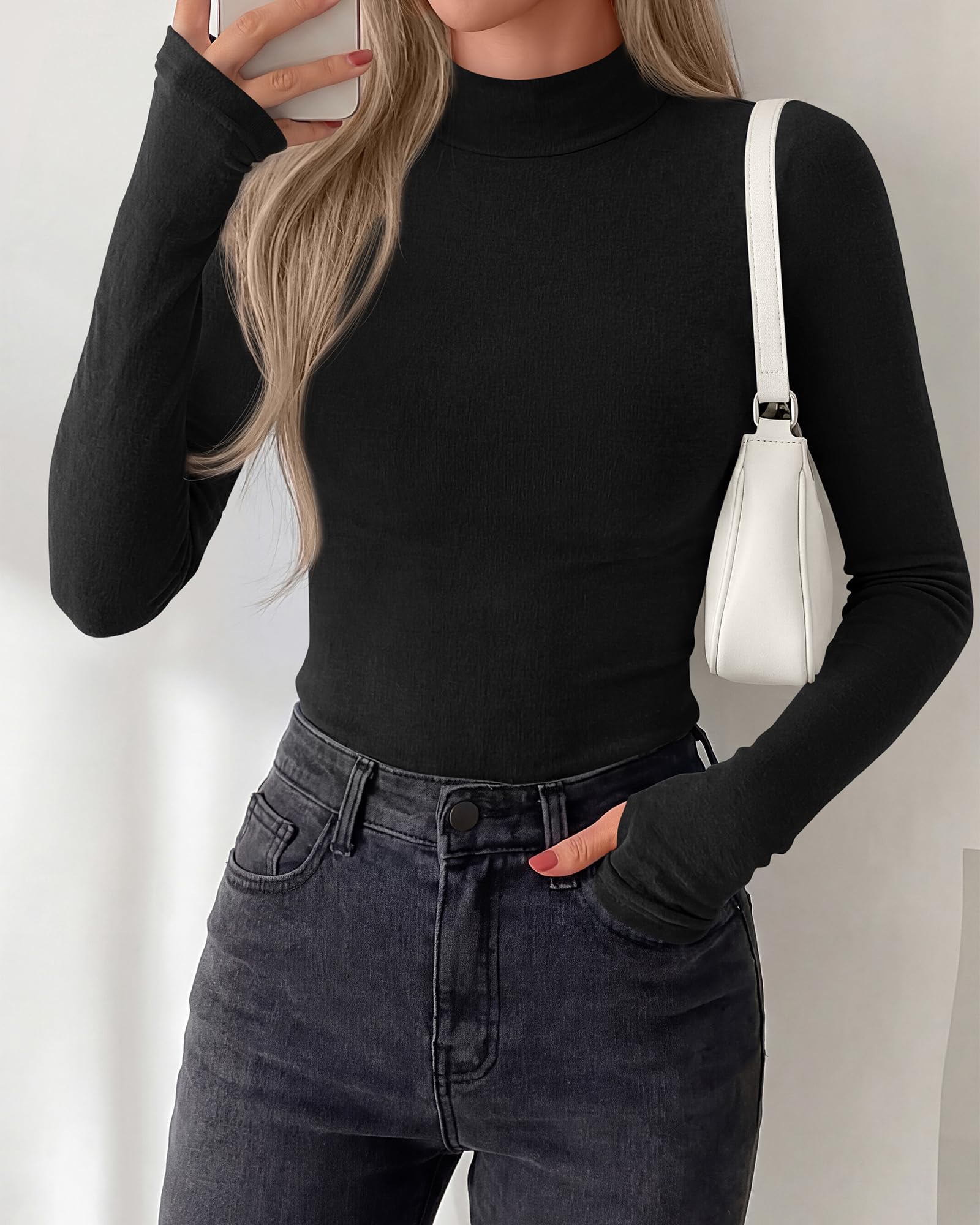 BTFBM Turtleneck Tops for Women Thumbhole Long Sleeve Shirts | Lightweight Fleece Lining, Casual Basic Layering Top, Slim Fit Stretch Winter Thermal Underwear, Fall Fashion Clothing