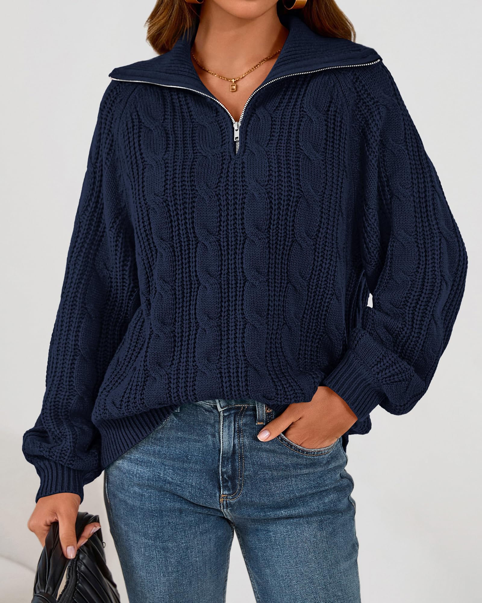 BTFBM Sweaters for Women Fall Fashion Loose Quarter Zip Pullover Collared Long Sleeve Cable Knit Winter Clothes