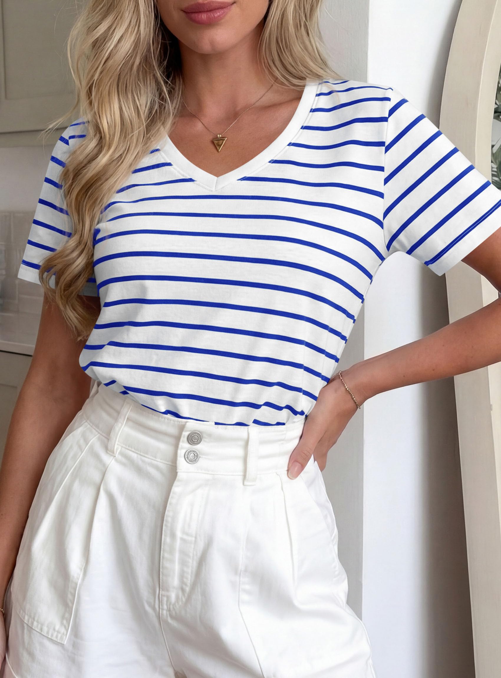 PRETTYGARDEN Short Sleeve Shirts for Women Spring V Neck Cute Tops Casual Striped Shirt Knitted Tees Summer Outfits