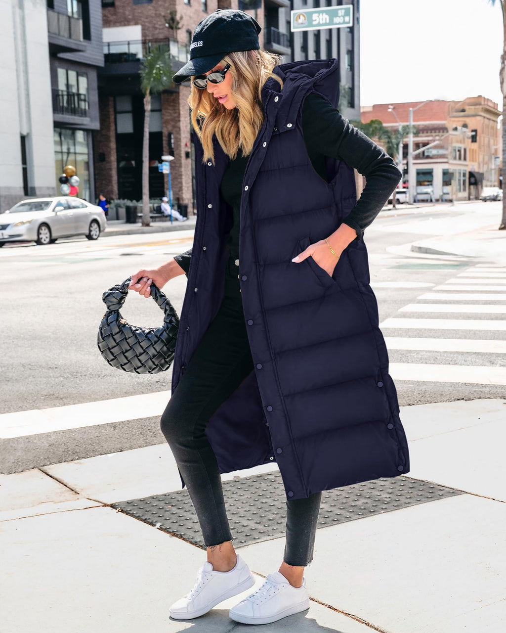 BTFBM Long Puffer Vest Women Quilted Hooded Button Down Zip Up Sleeveless Vests Outerwear Padded Jacket Fall Winter Coat