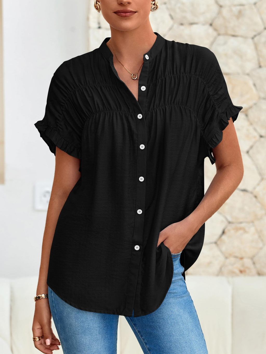 FreshPretty Womens Button Down Shirts Ruffle Short Sleeve Loose Summer Tops Dressy Casual V Neck Business Work Blouses