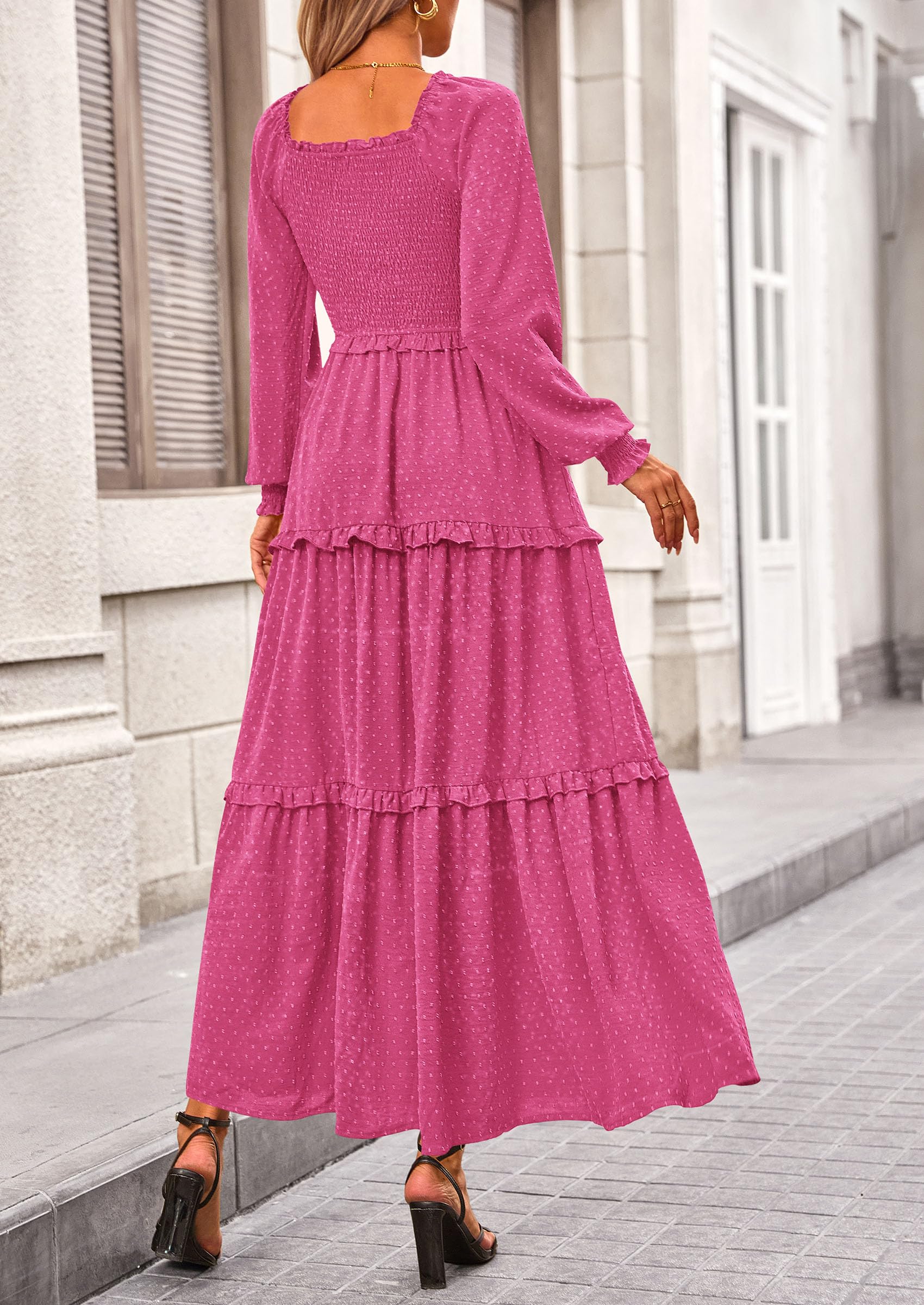 PRETTYGARDEN Fall Dresses for Women Long Sleeve Smocked Square Neck Swiss Dot Tiered Flowy Wedding Guest Maxi Dress