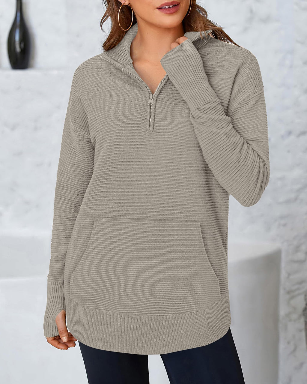 BTFBM Sweaters for Women Fall Clothes Pocket Quarter Zip Pullover V Neck Long Sleeve Knit Trendy Winter Sweater