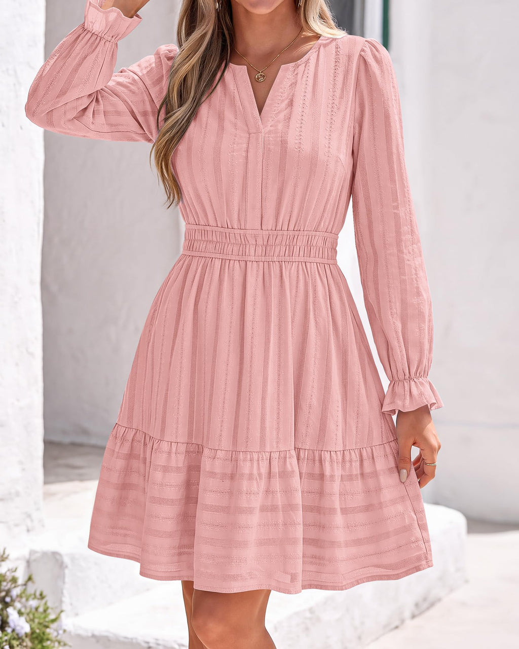 BTFBM Women Long Sleeve Flowy A Line Mini Fall Dress V Neck Puff Cuffs Elastic Waist Tiered Ruffle, Lightweight Small Hollow Out, Cute Casual Boho, Party Wedding Guest Dresses
