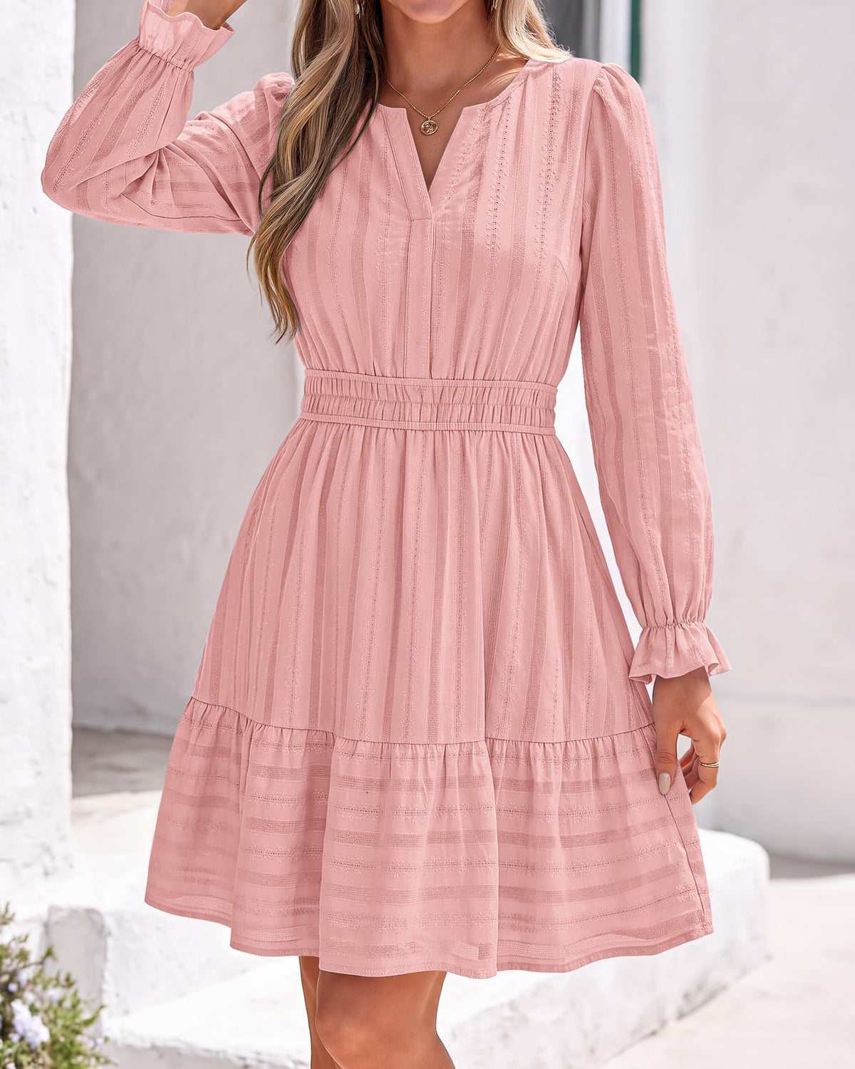 BTFBM Women Long Sleeve Flowy A Line Mini Fall Dress V Neck Puff Cuffs Elastic Waist Tiered Ruffle, Lightweight Small Hollow Out, Cute Casual Boho, Party Wedding Guest Dresses