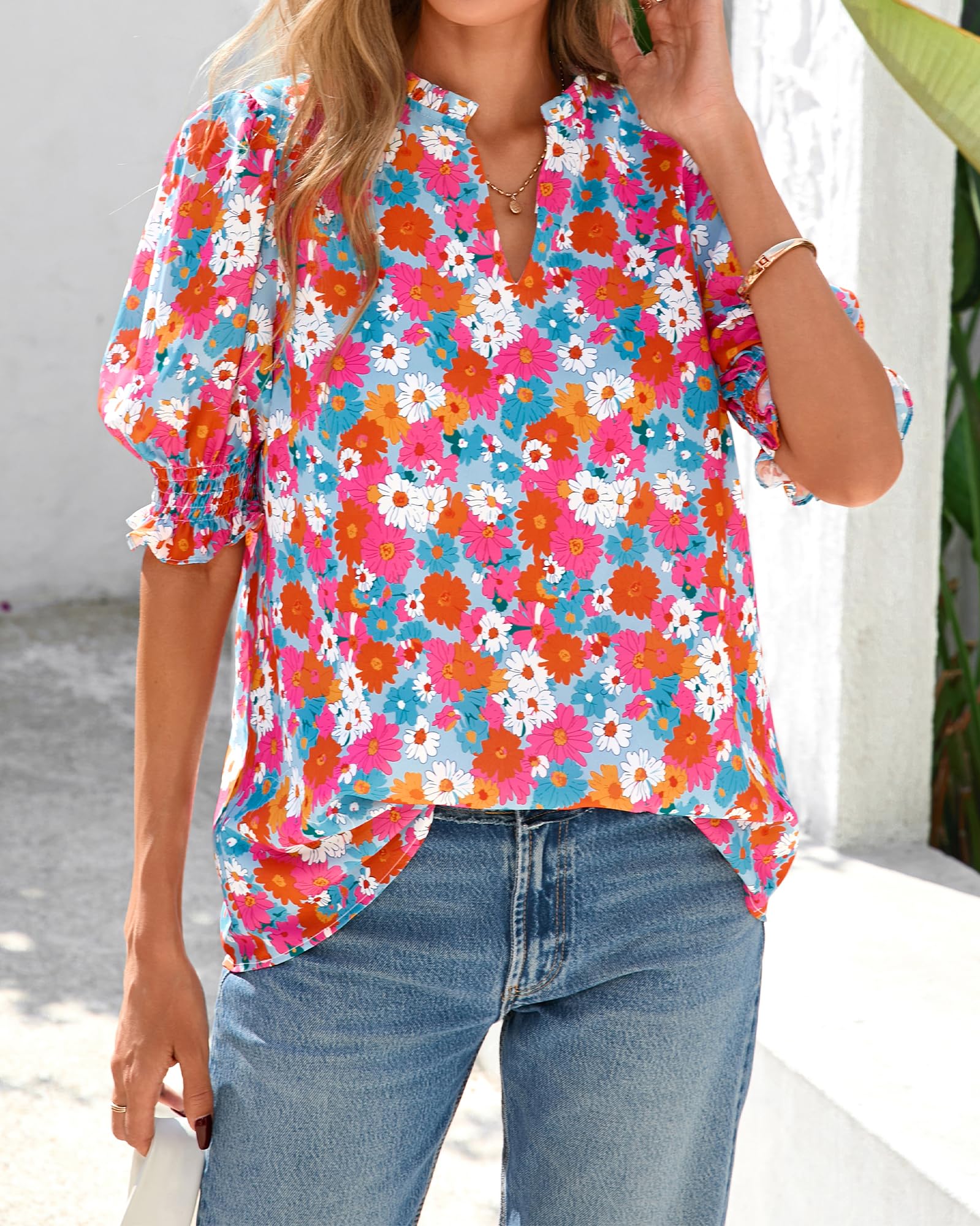 BTFBM Summer Blouses for Women Dressy Casual Fashion Spring Tops Floral Boho V Neck Puff Short Sleeve Top Shirts