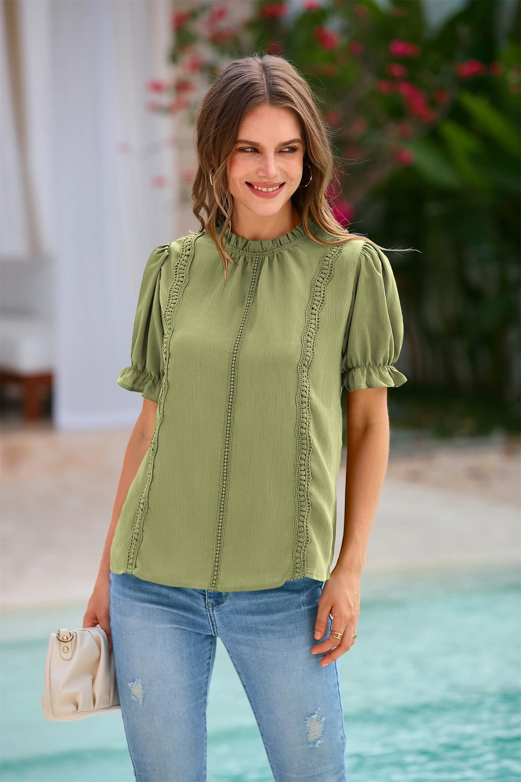 PRETTYGARDEN Womens Summer Tops Trendy Mock Neck Puff Sleeve Blouse Dressy Casual Business Western Shirts Spring Clothes