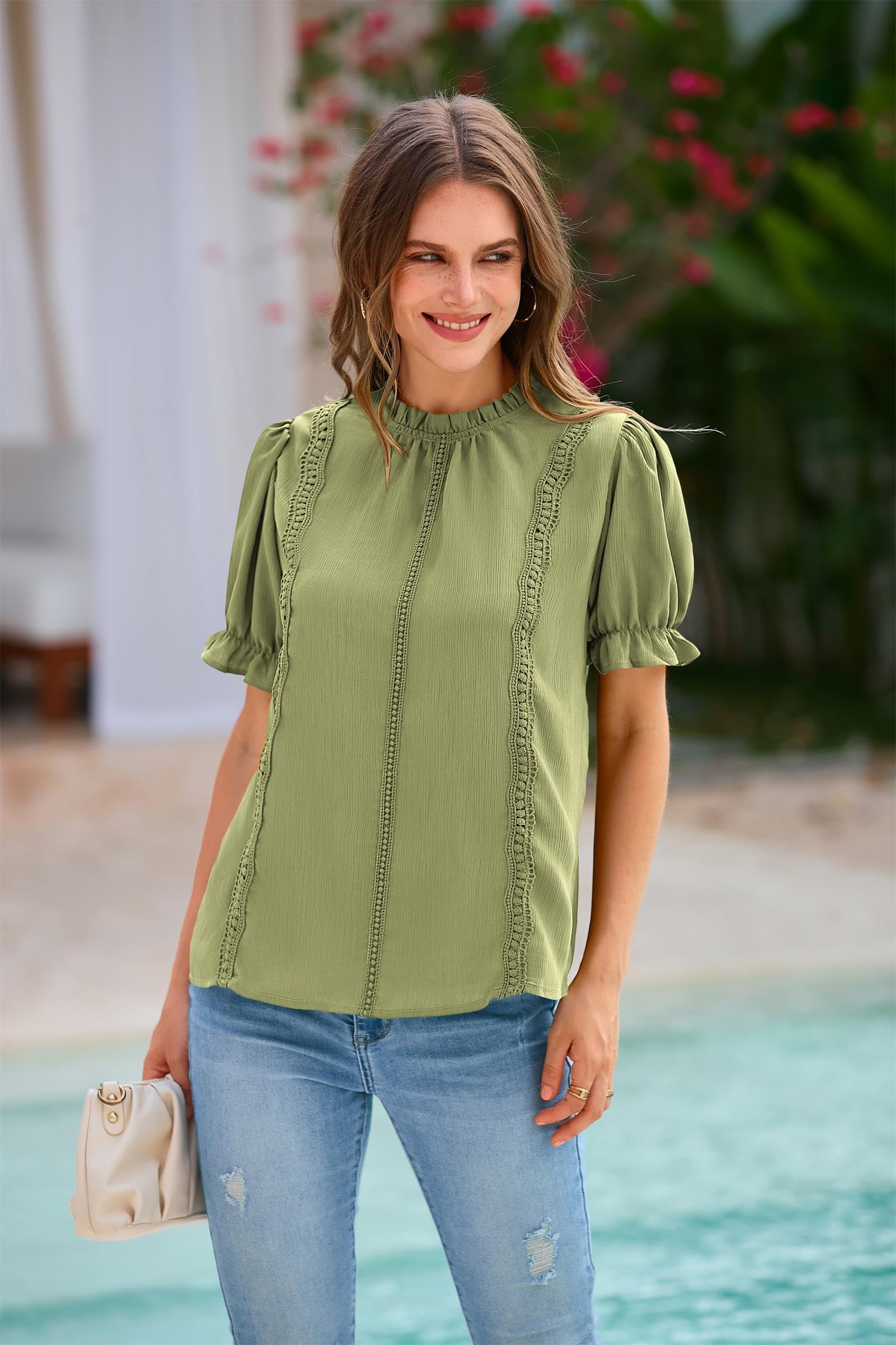PRETTYGARDEN Womens Summer Tops Trendy Mock Neck Puff Sleeve Blouse Dressy Casual Business Western Shirts Spring Clothes