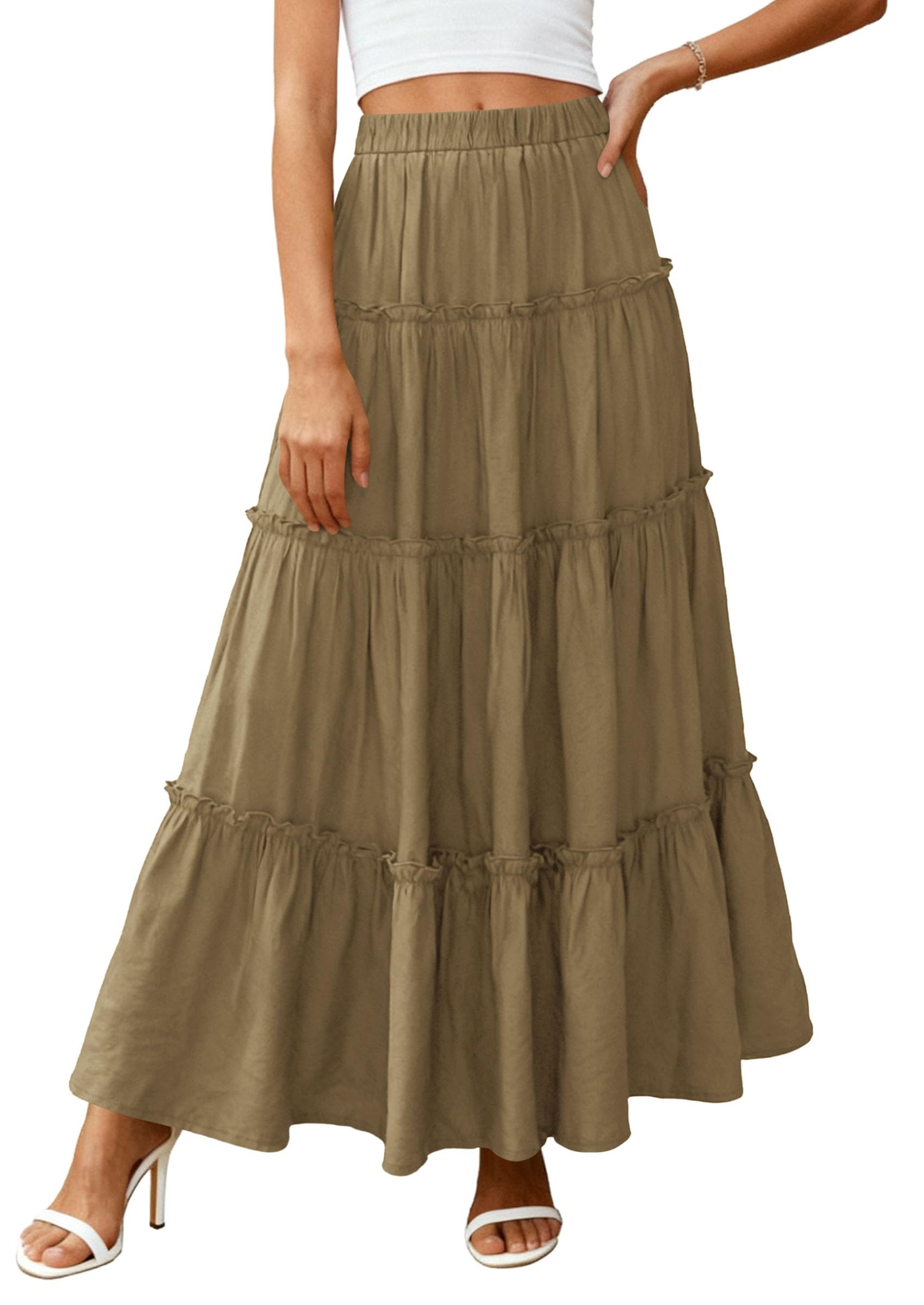 PRETTYGARDEN Women's Tiered Maxi Skirt Summer Spring Fashion High Waisted Long Flowy Casual Boho Beach Vacation Clothes