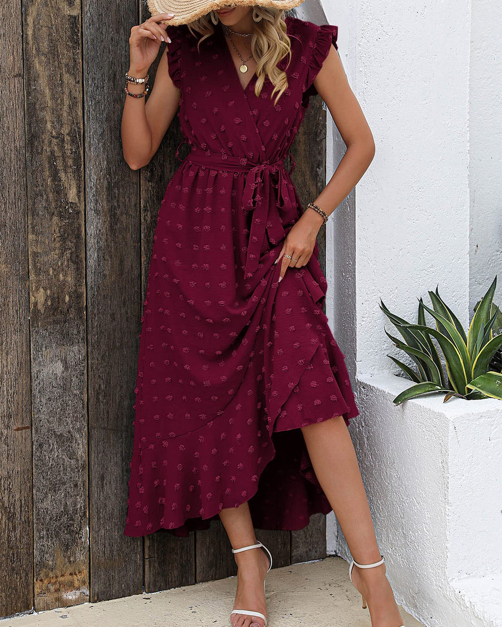 FreshPretty Women V Neck Summer Dress Cap Sleeve Swiss Dot Boho Flowy Ruffle Slit Beach Party Long Maxi Cocktail Dresses