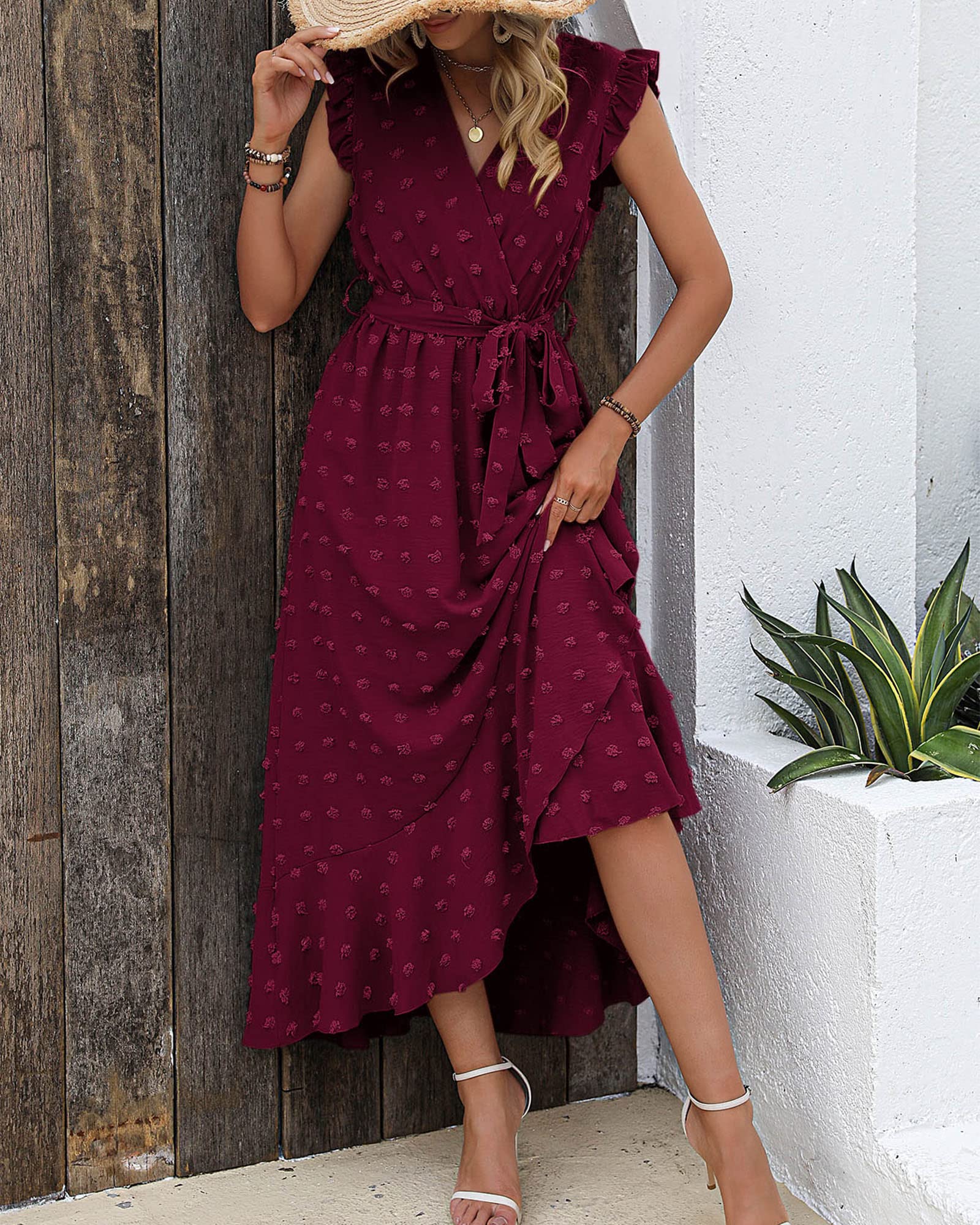 FreshPretty Women V Neck Summer Dress Cap Sleeve Swiss Dot Boho Flowy Ruffle Slit Beach Party Long Maxi Cocktail Dresses