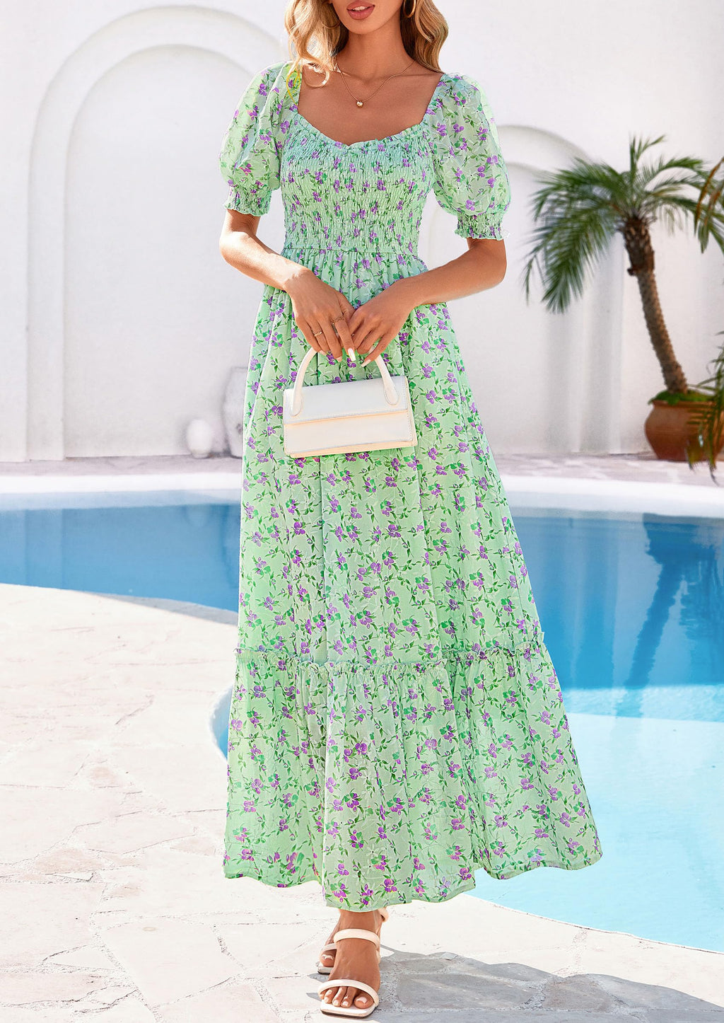 PRETTYGARDEN Women's Floral Boho Maxi Dresses Flowy Short Sleeve A Line Smocked Eyelet Summer Beach Vacation Clothes