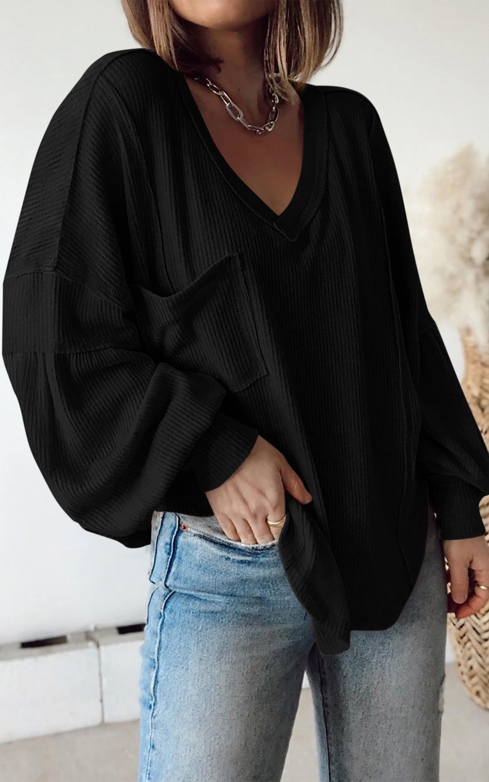 BTFBM Womens Fall Fashion Long Sleeve Shirts Casual V Neck Ribbed Knit Blouses Pullover Trendy Loose Fit Tunic Tops