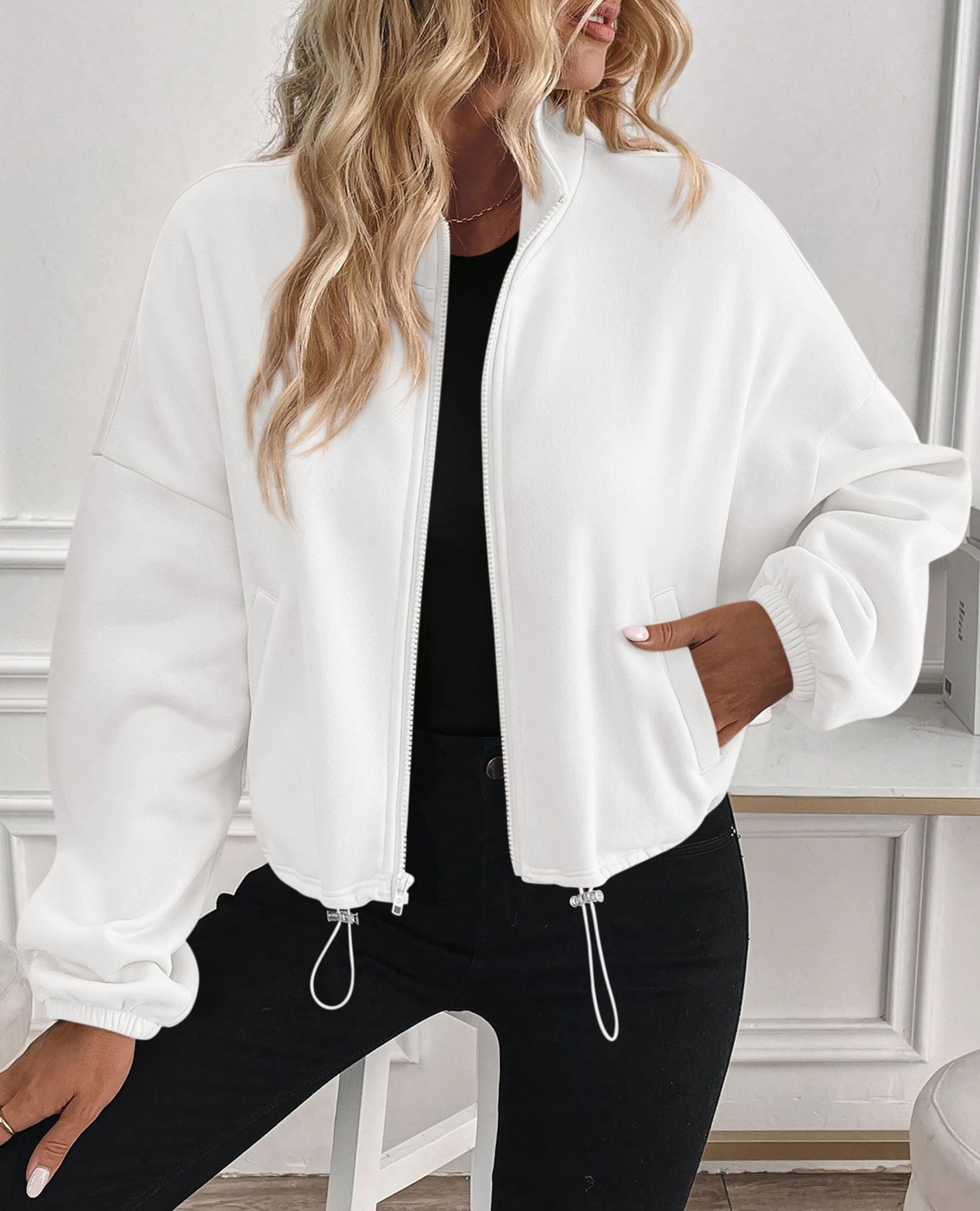 PRETTYGARDEN Womens Zip Up Fleece Cropped Sweatshirt Jacket Oversized Loose Soft Stand Collar with Drawstring Hem, Long Sleeve Casual Coat With Pockets, Fall Outfits Winter Clothing
