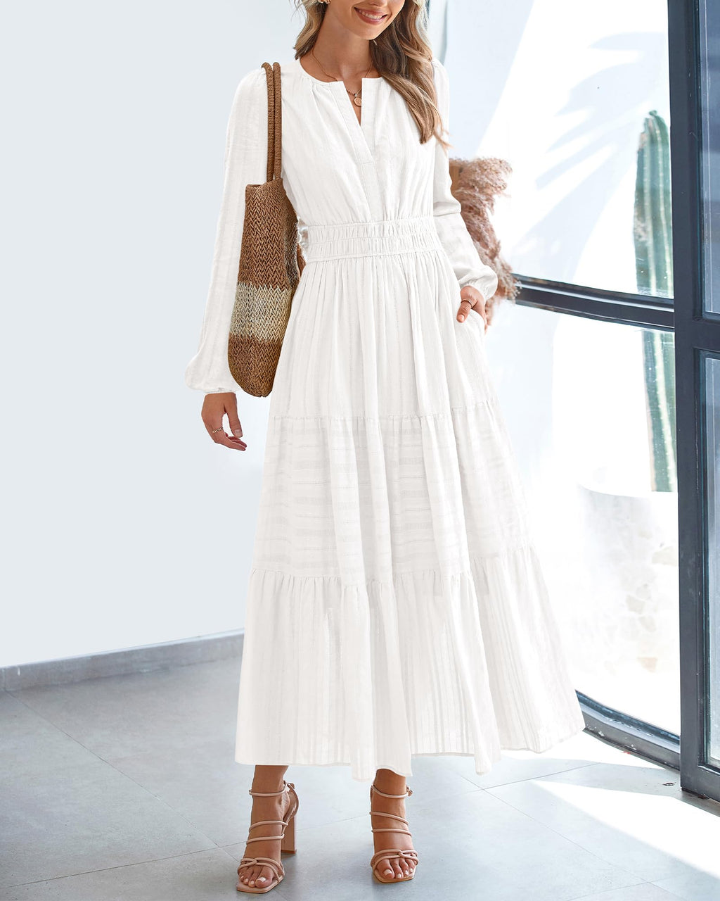 FreshPretty Fall Dresses for Women Casual Long Sleeve V Neck Elastic Waist Lightweight Maxi Wedding Guest Dress Pockets