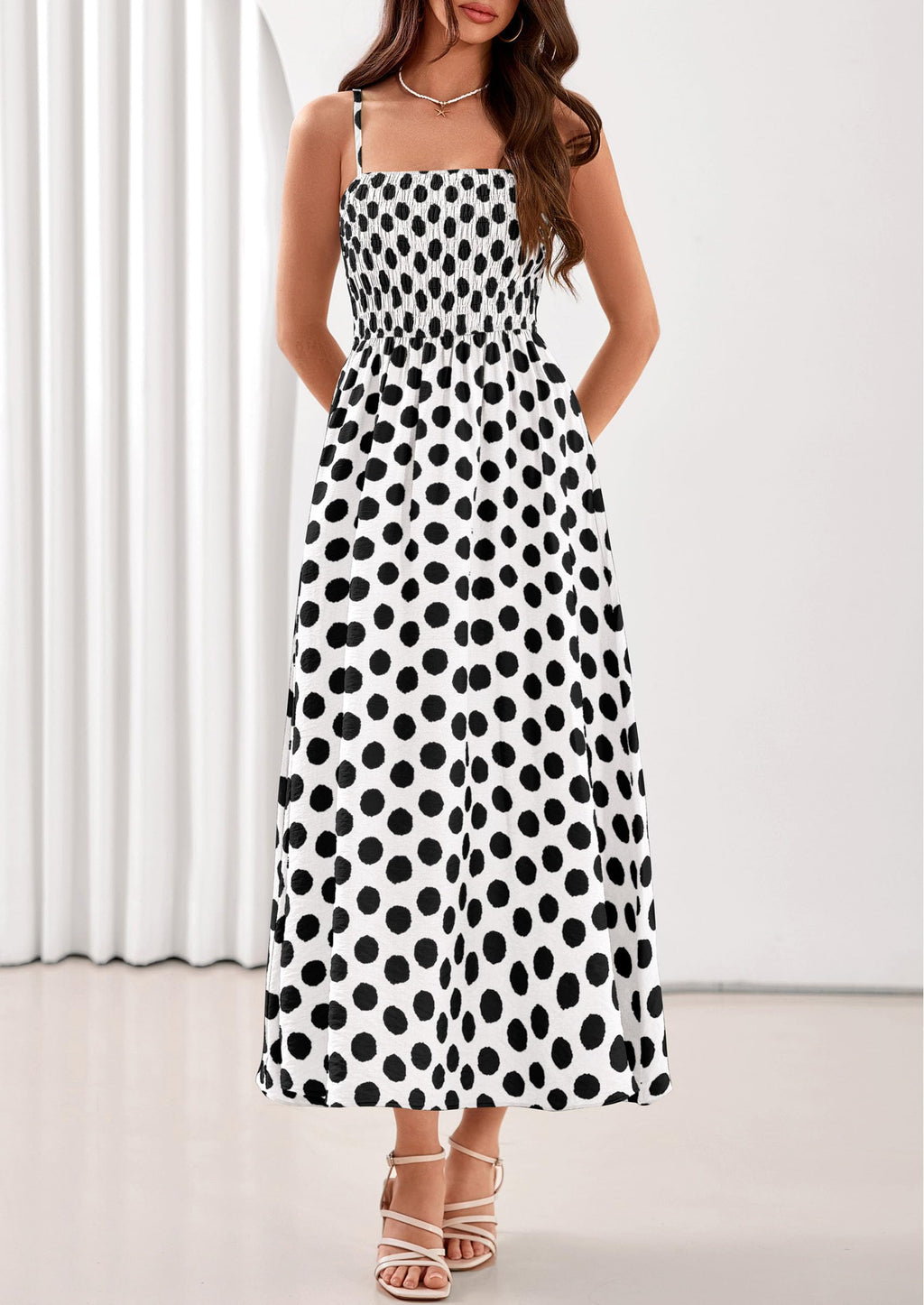 PRETTYGARDEN Womens Polka Dot Dress Summer Sleeveless Spaghetti Straps Smocked Sun Dress Flowy Spring Beach Midi Dresses